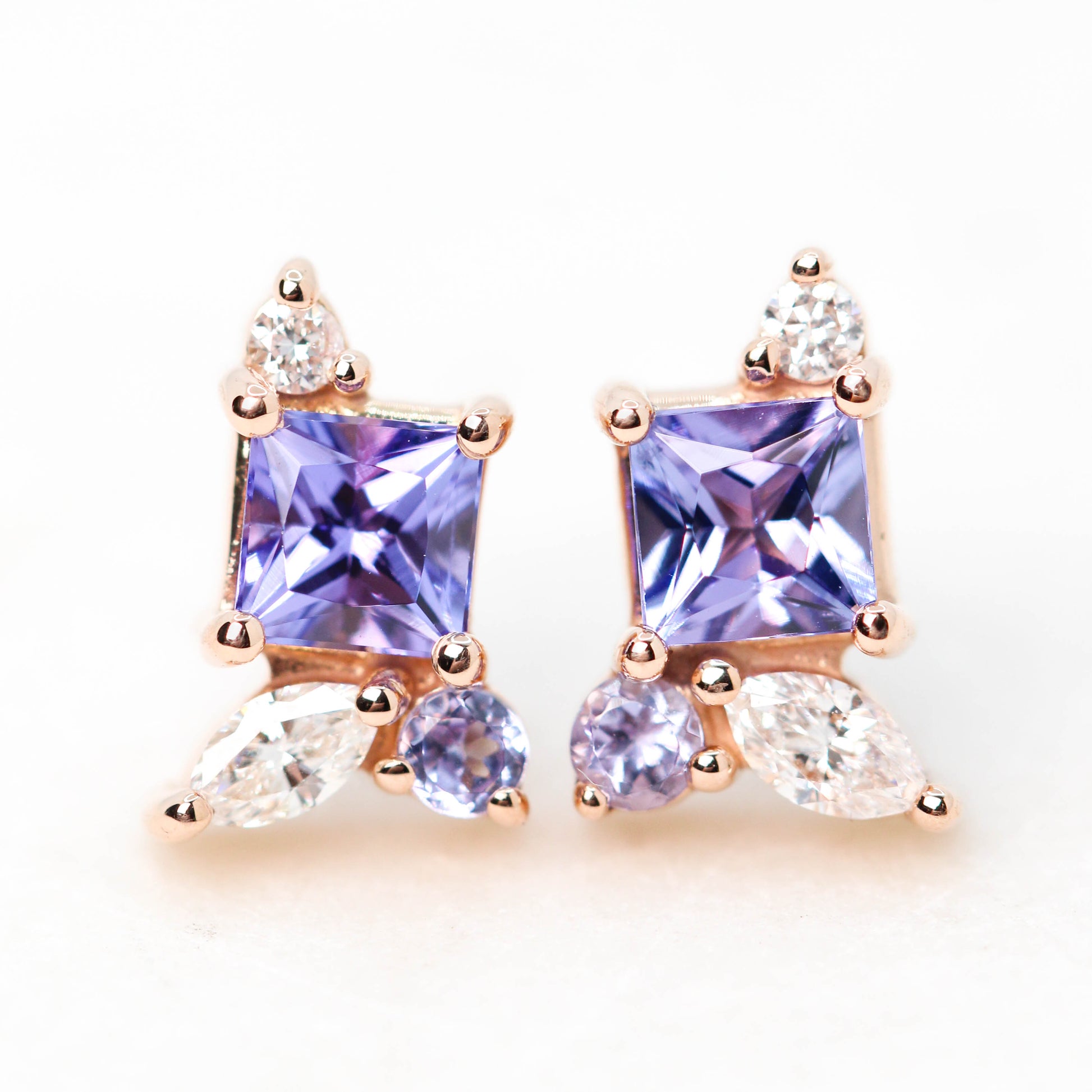 (SB) Princess Cut Tanzanite Earrings with Tanzanite and Diamond Accents - Made to Order, Your Choice of 14k Gold - Midwinter Co. Alternative Bridal Rings and Modern Fine Jewelry