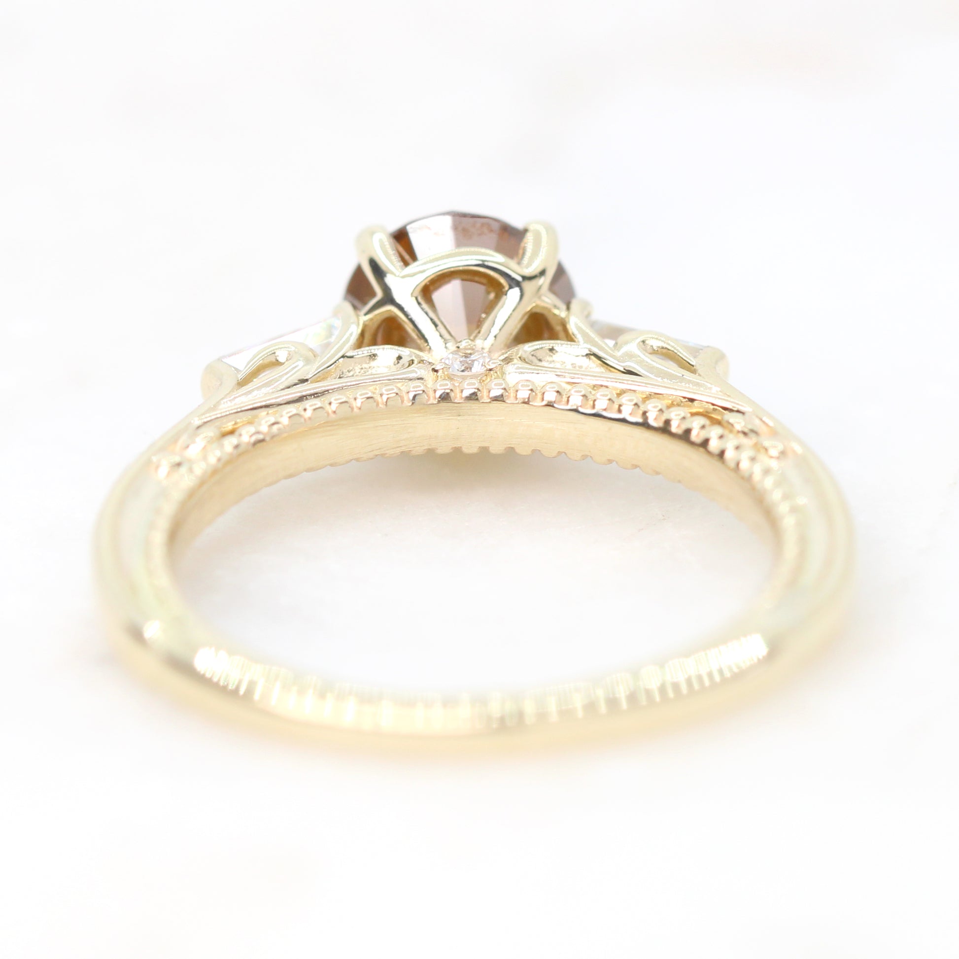 Bella Ring with a 1.29 Carat Round Orange Salt and Pepper Diamond and White Accent Diamonds in 14k Yellow Gold - Ready to Size and Ship - Midwinter Co. Alternative Bridal Rings and Modern Fine Jewelry