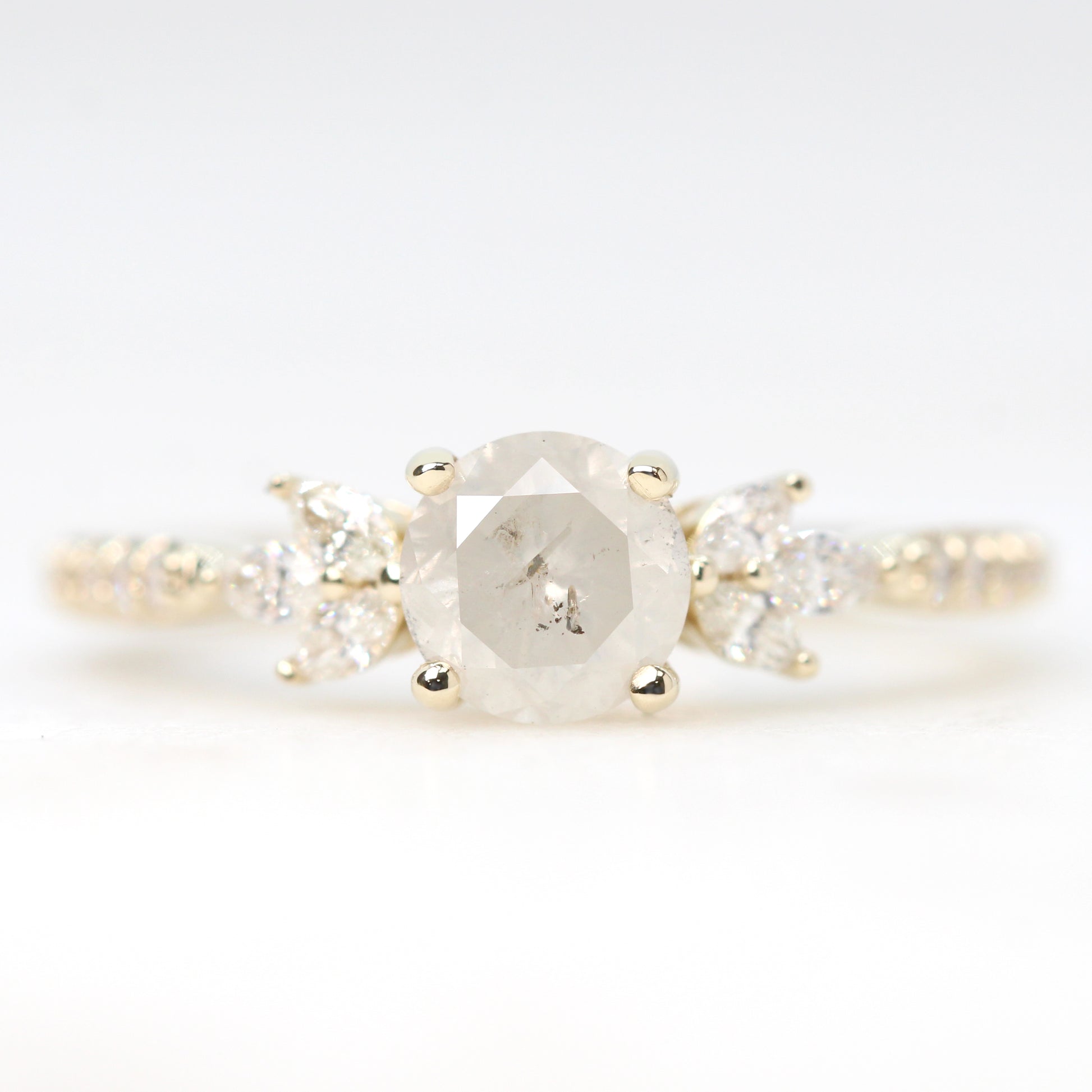 Betty Ring with a 0.97 Carat Round Misty White Salt and Pepper Diamond and White Accent Diamonds in 14k Yellow Gold - Ready to Size and Ship - Midwinter Co. Alternative Bridal Rings and Modern Fine Jewelry