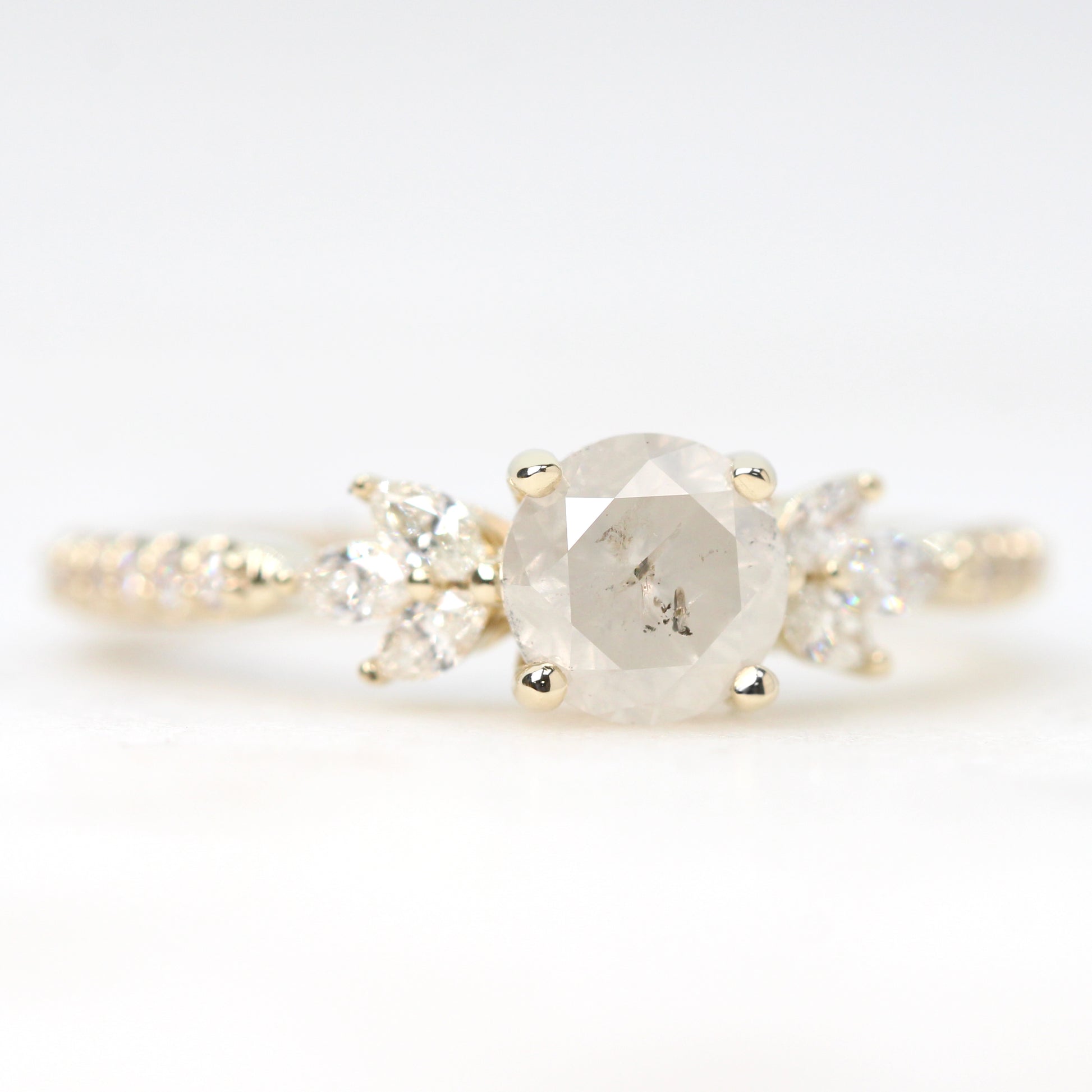 Betty Ring with a 0.97 Carat Round Misty White Salt and Pepper Diamond and White Accent Diamonds in 14k Yellow Gold - Ready to Size and Ship - Midwinter Co. Alternative Bridal Rings and Modern Fine Jewelry