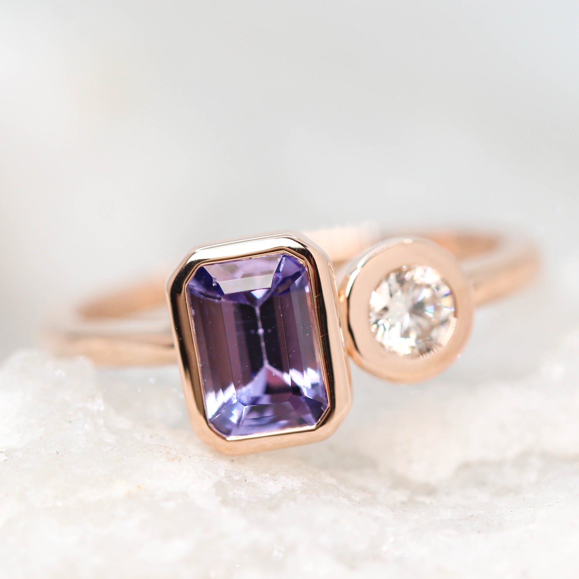 (SB) Toi et Moi Ring with an Emerald Cut Tanzanite & White Round Diamond - Made to Order, Choose Your Gold Tone - Midwinter Co. Alternative Bridal Rings and Modern Fine Jewelry