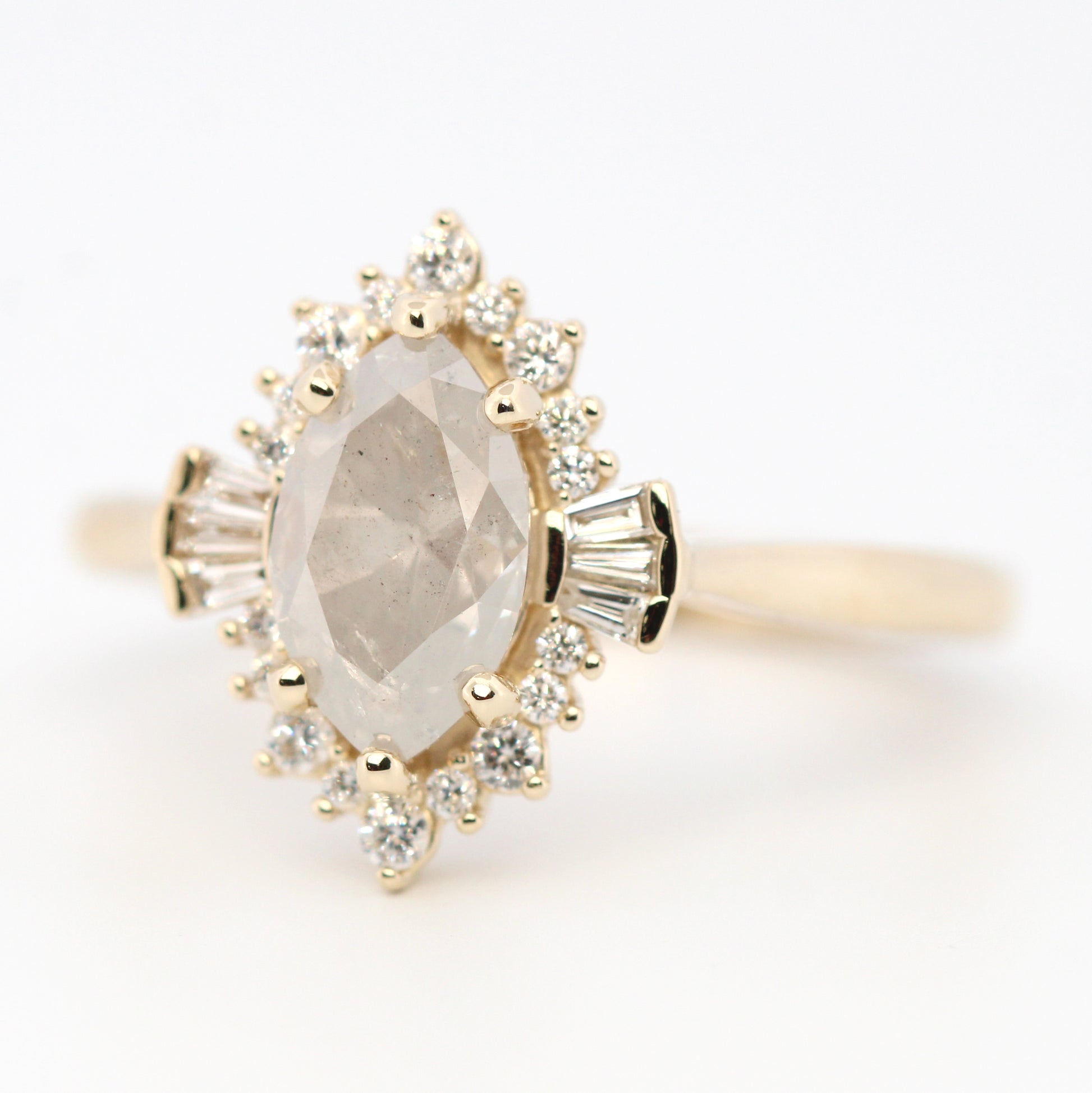 Meghan Ring with a 1.40 Carat Misty Gray Marquise Celestial Diamond and White Accent Diamonds in 14k Yellow Gold - Ready to Size and Ship - Midwinter Co. Alternative Bridal Rings and Modern Fine Jewelry