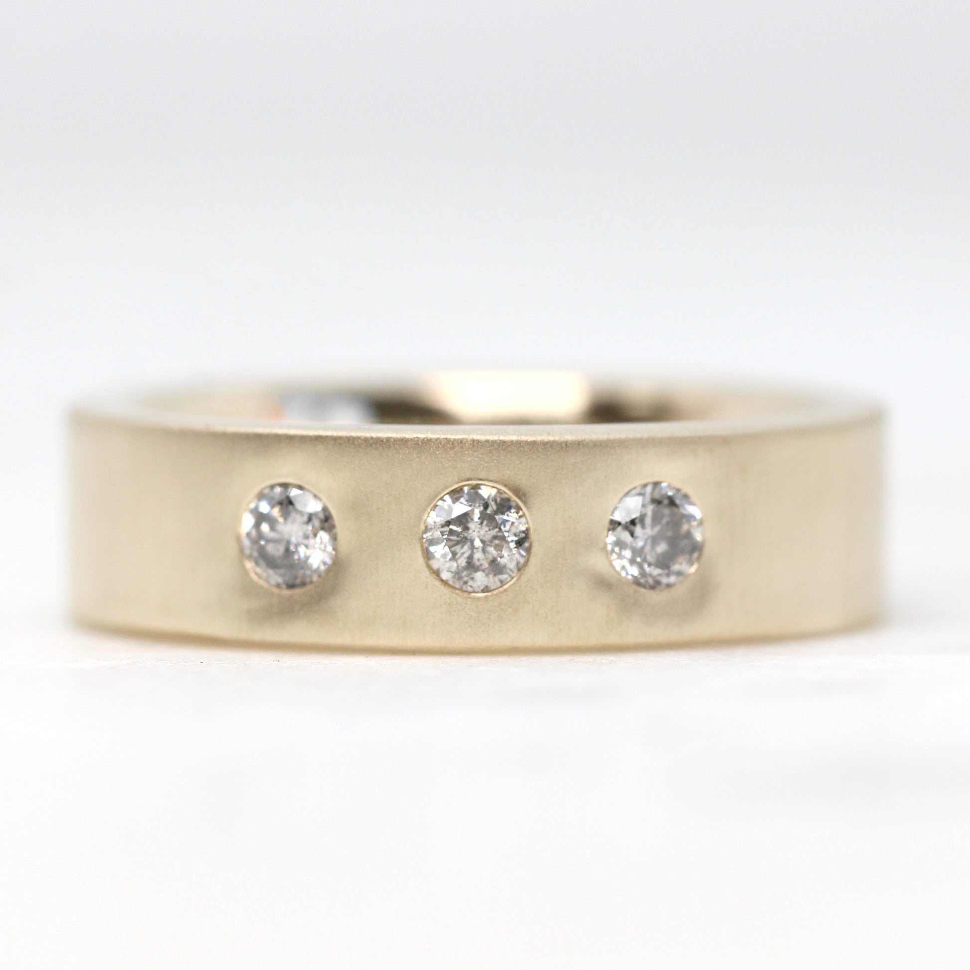 Rowan Band - Bezel Set Gray Diamond 3 Stone Anniversary / Unisex Wedding Band - Made to Order, Choose Your Gold Tone - Midwinter Co. Alternative Bridal Rings and Modern Fine Jewelry