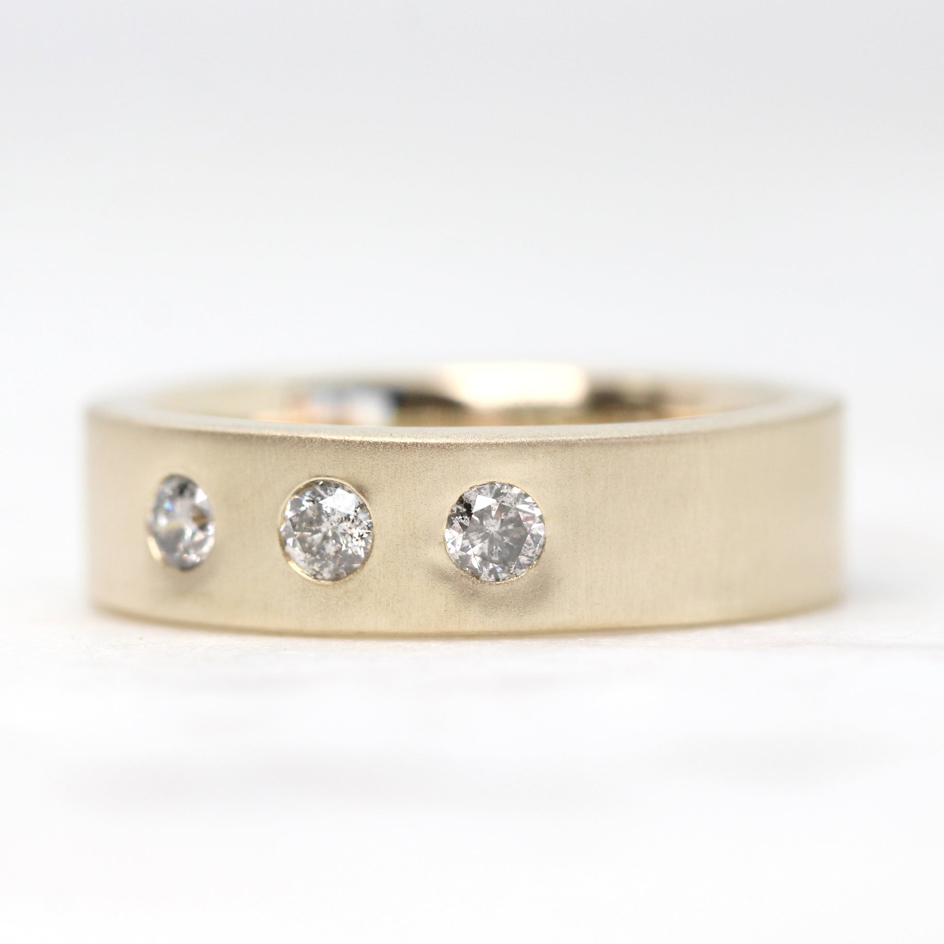 Rowan Band - Bezel Set Gray Diamond 3 Stone Anniversary / Unisex Wedding Band - Made to Order, Choose Your Gold Tone - Midwinter Co. Alternative Bridal Rings and Modern Fine Jewelry