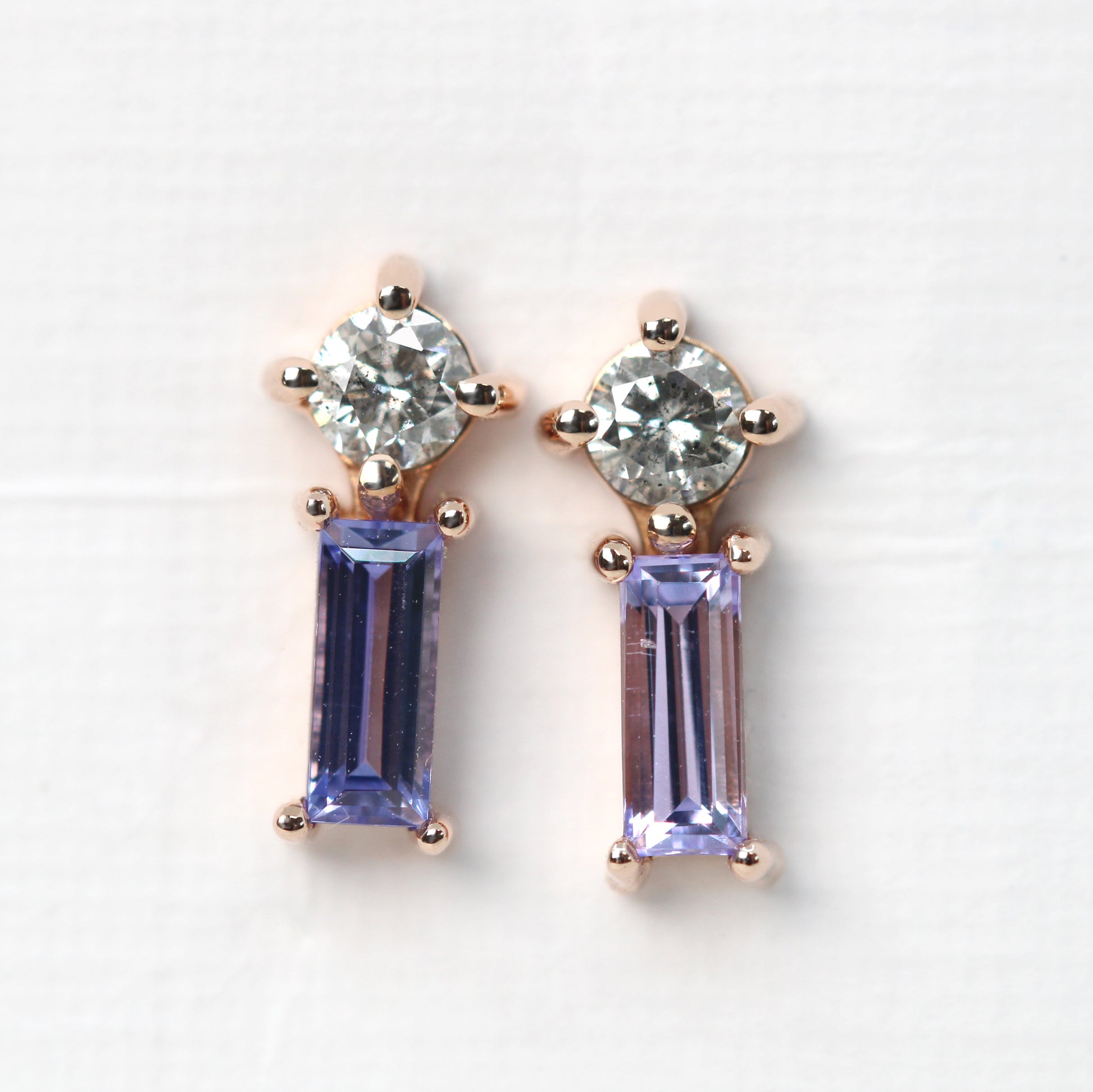 (SB) Blue Baguette Tanzanite & Round Celestial Diamond Earrings - Made to Order, Choose your Gold Tone - Midwinter Co. Alternative Bridal Rings and Modern Fine Jewelry