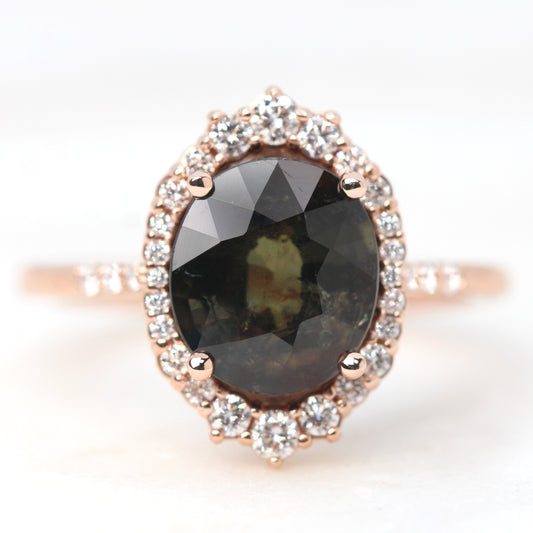 Grace Ring with a 4.02 Carat Oval Dark Brown and Green Sapphire and White Accent Diamonds in 14k Rose Gold - Ready to Size and Ship - Midwinter Co. Alternative Bridal Rings and Modern Fine Jewelry