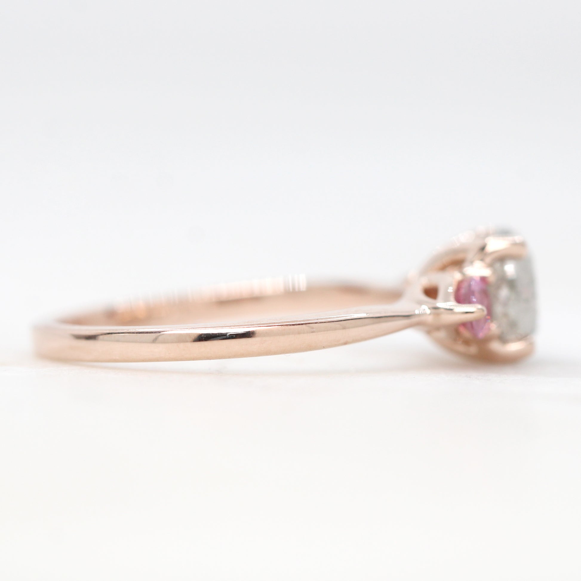 Oleander Ring with a 1.17 Carat Round Light Gray Celestial Diamond and Pink Sapphire Accents in 14k Rose Gold - Ready to Size and Ship - Midwinter Co. Alternative Bridal Rings and Modern Fine Jewelry