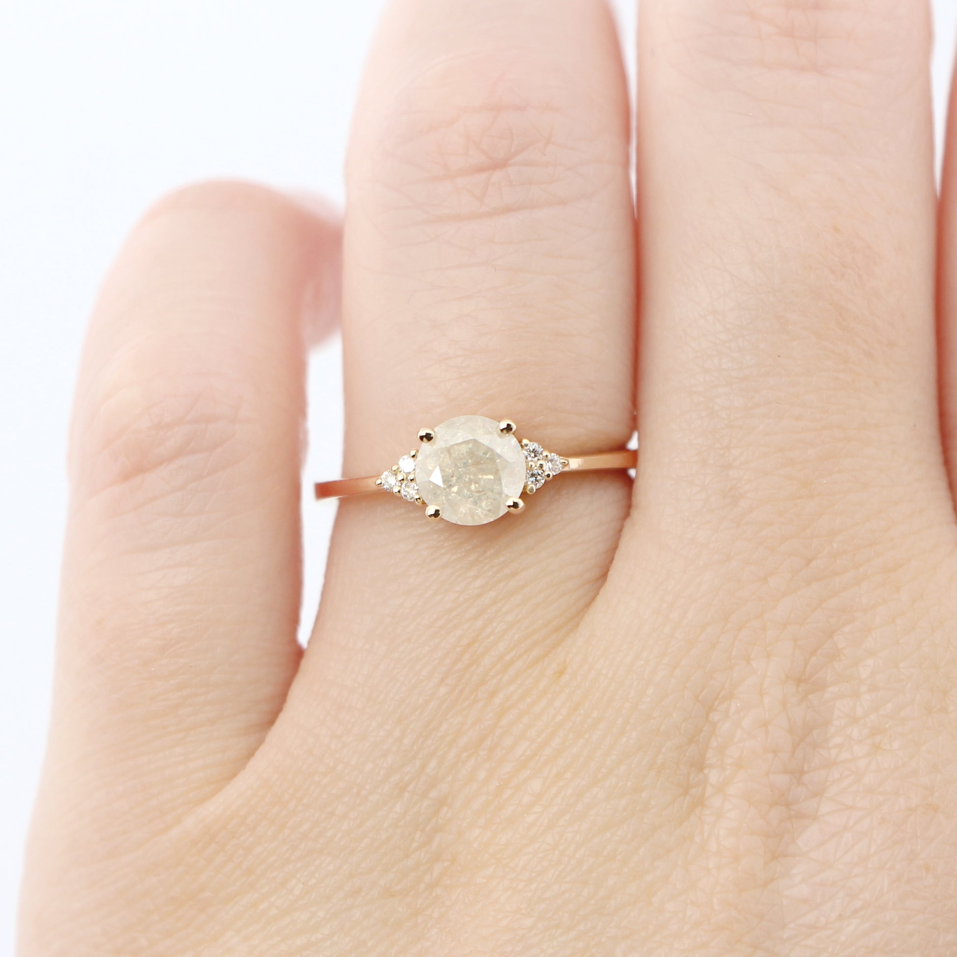 Imogene Ring with a 1.14 Carat Round Misty White Celestial Diamond and White Accent Diamonds in 14k Yellow Gold - Ready to Size and Ship - Midwinter Co. Alternative Bridal Rings and Modern Fine Jewelry