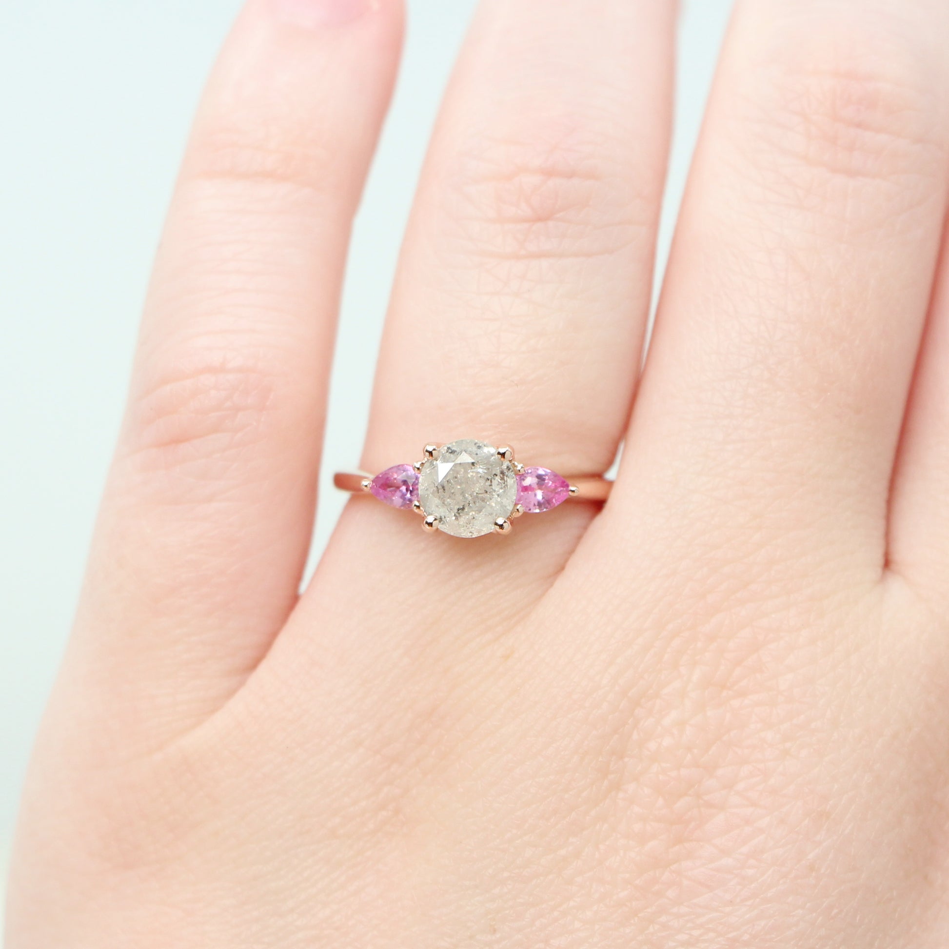 Oleander Ring with a 1.17 Carat Round Light Gray Celestial Diamond and Pink Sapphire Accents in 14k Rose Gold - Ready to Size and Ship - Midwinter Co. Alternative Bridal Rings and Modern Fine Jewelry