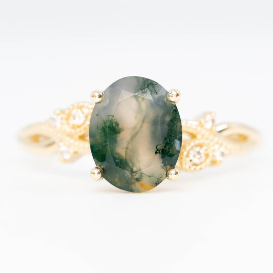 Jasmine Ring with an Oval Moss Agate and White Accent Diamonds - Made to Order - Midwinter Co. Alternative Bridal Rings and Modern Fine Jewelry