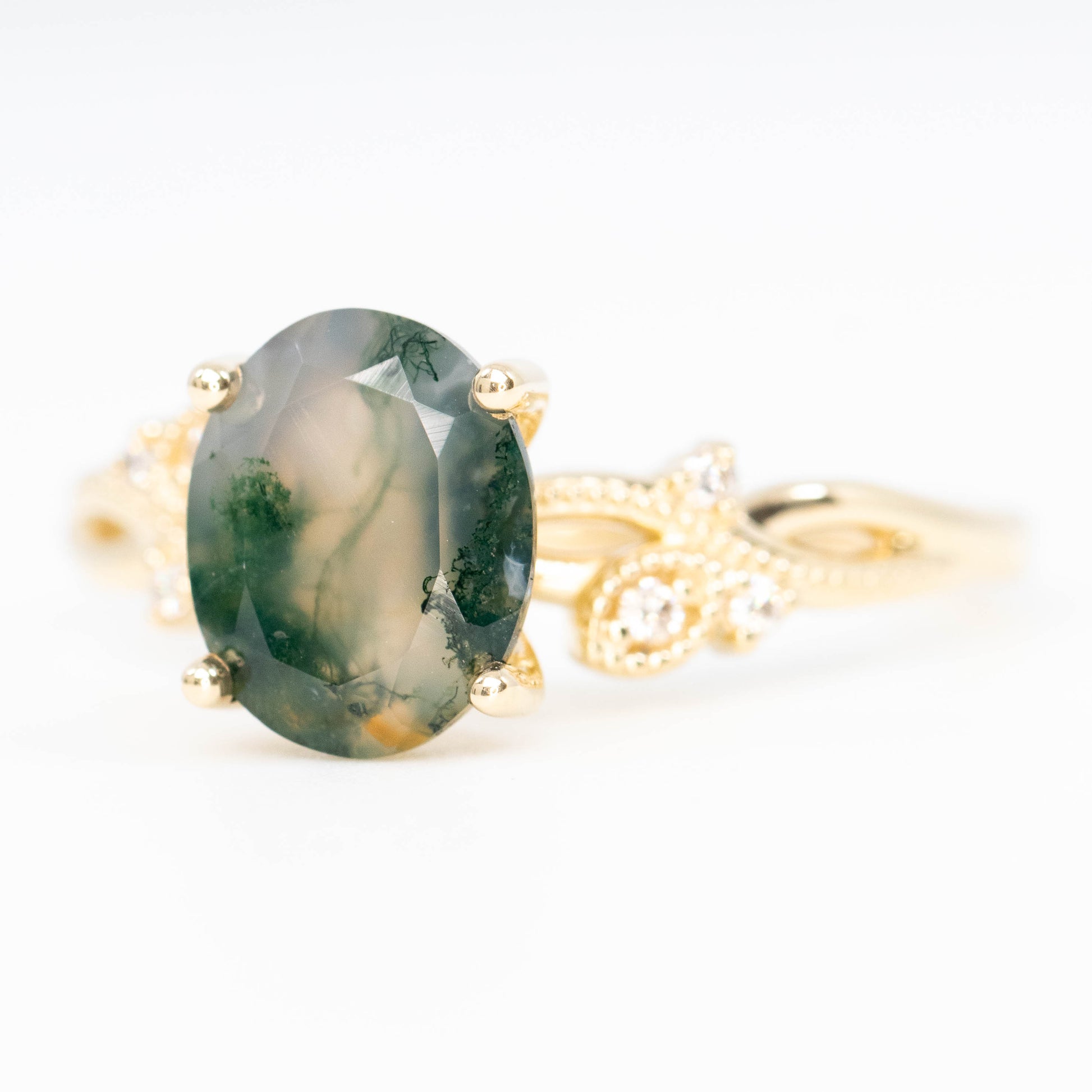 Jasmine Ring with an Oval Moss Agate and White Accent Diamonds - Made to Order - Midwinter Co. Alternative Bridal Rings and Modern Fine Jewelry