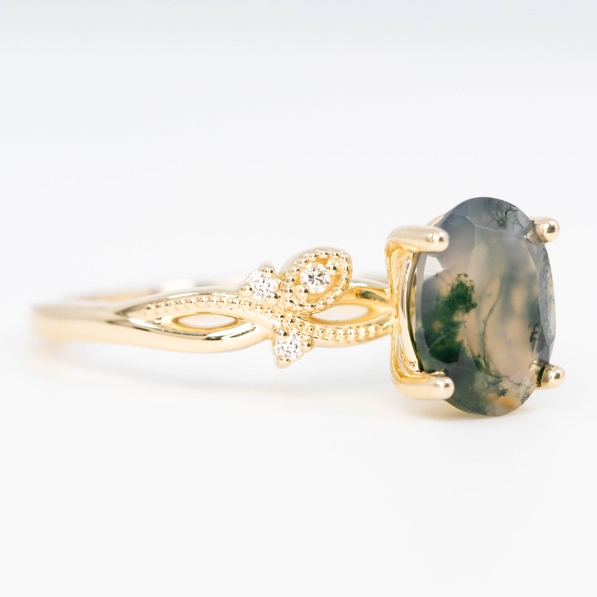 Jasmine Ring with an Oval Moss Agate and White Accent Diamonds - Made to Order - Midwinter Co. Alternative Bridal Rings and Modern Fine Jewelry