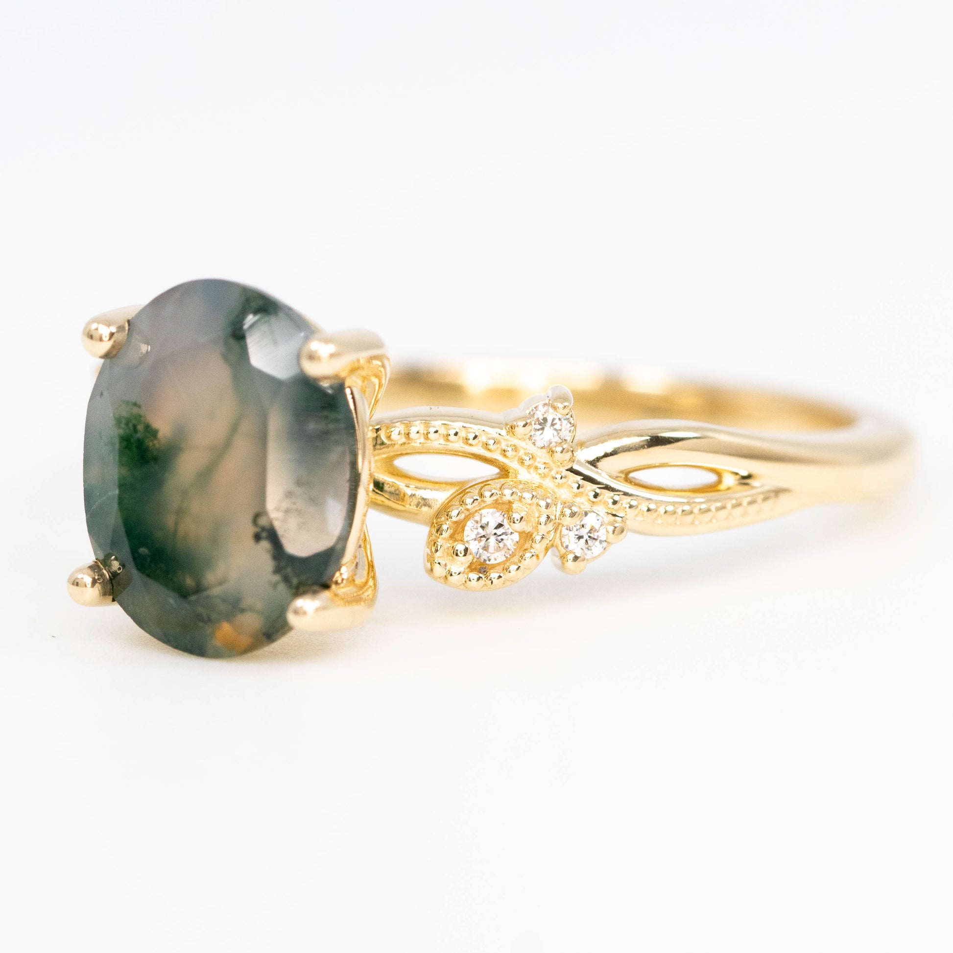 Jasmine Ring with an Oval Moss Agate and White Accent Diamonds - Made to Order - Midwinter Co. Alternative Bridal Rings and Modern Fine Jewelry