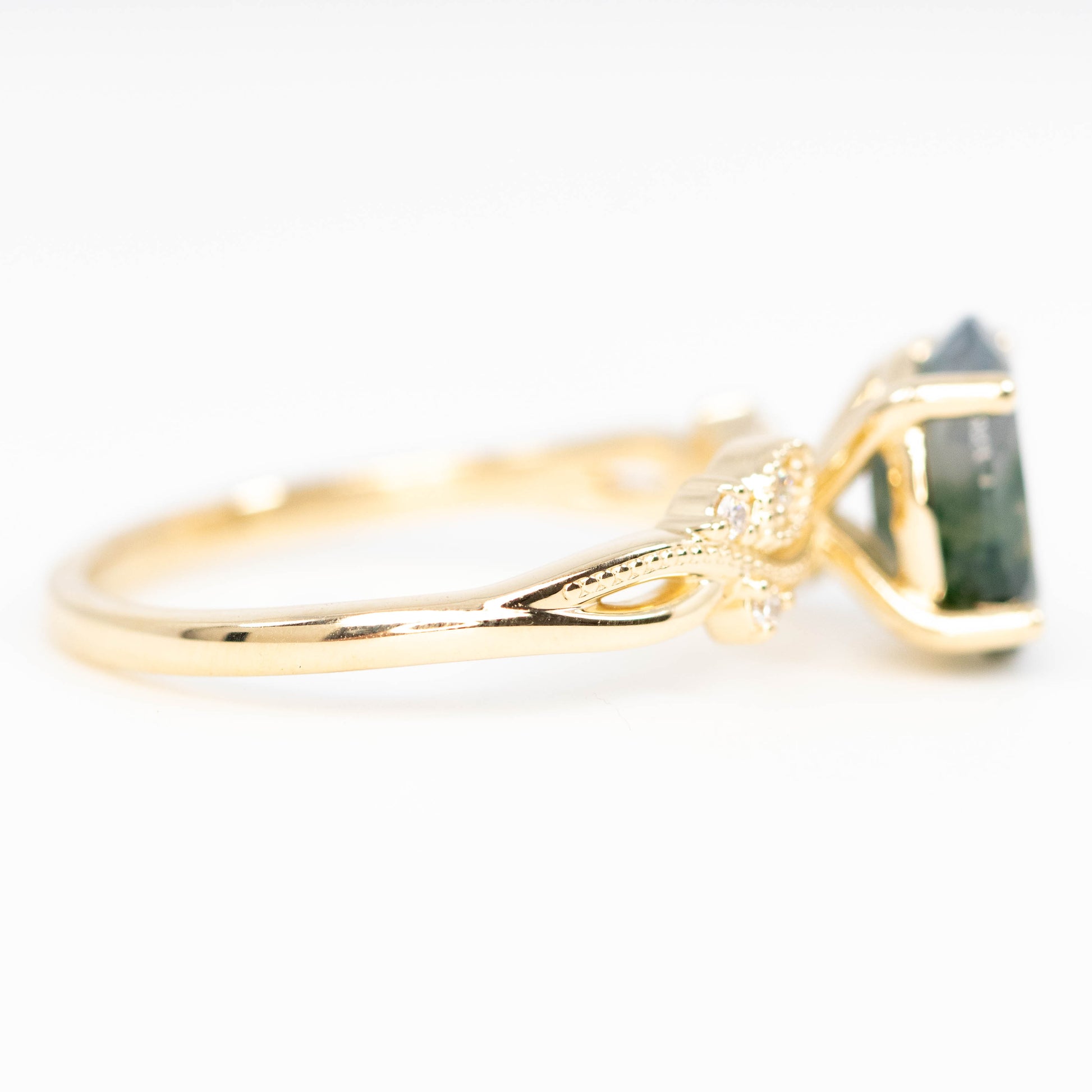 Jasmine Ring with an Oval Moss Agate and White Accent Diamonds - Made to Order - Midwinter Co. Alternative Bridal Rings and Modern Fine Jewelry