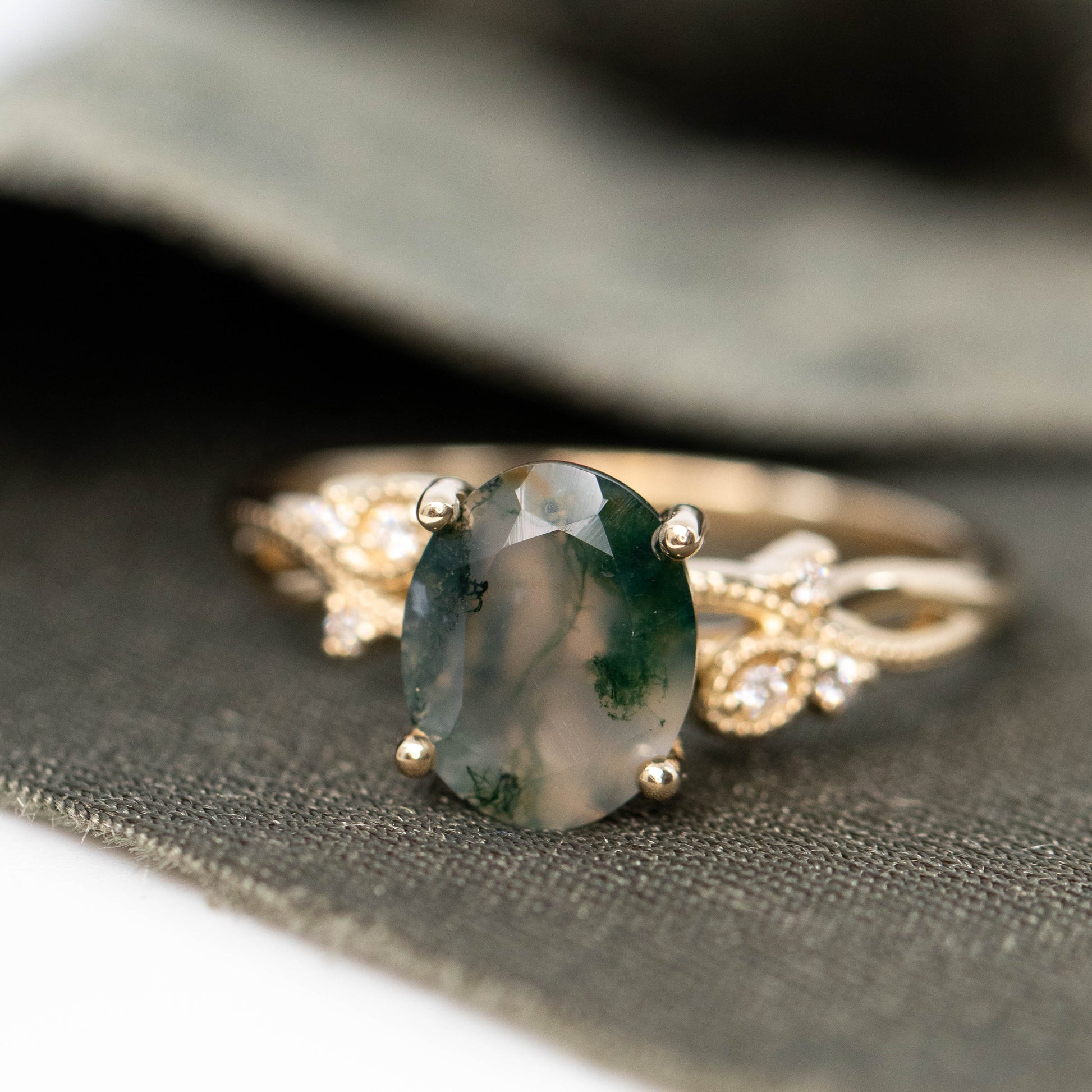 Jasmine Ring with an Oval Moss Agate and White Accent Diamonds - Made to Order - Midwinter Co. Alternative Bridal Rings and Modern Fine Jewelry