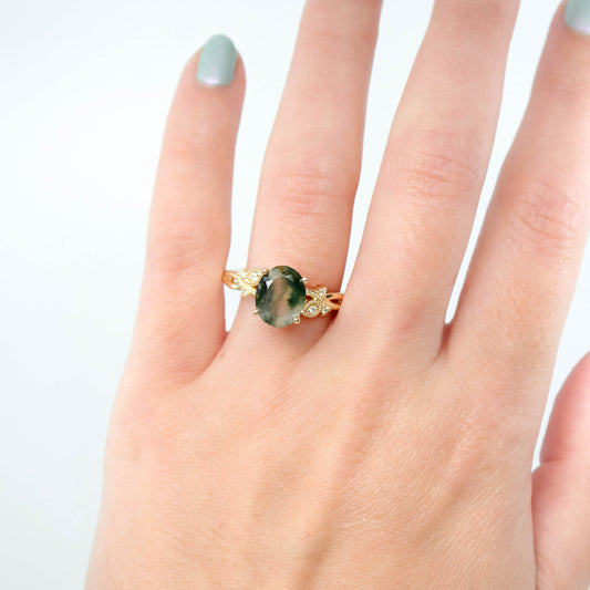 Jasmine Ring with an Oval Moss Agate and White Accent Diamonds - Made to Order - Midwinter Co. Alternative Bridal Rings and Modern Fine Jewelry