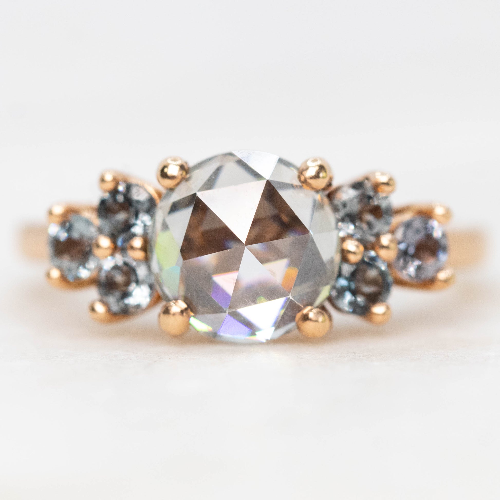 Veragene Ring with a 1.40 Carat Round Moissanite and Spinel Accents in 14k Rose Gold - Ready to Size and Ship - Midwinter Co. Alternative Bridal Rings and Modern Fine Jewelry