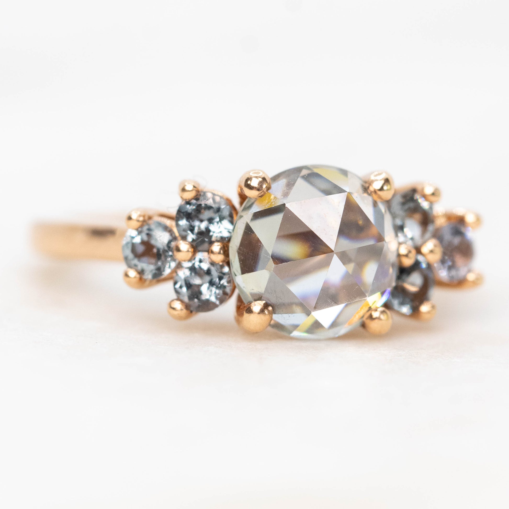 Veragene Ring with a 1.40 Carat Round Moissanite and Spinel Accents in 14k Rose Gold - Ready to Size and Ship - Midwinter Co. Alternative Bridal Rings and Modern Fine Jewelry