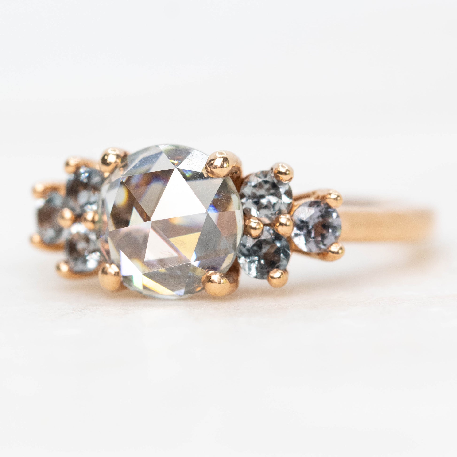 Veragene Ring with a 1.40 Carat Round Moissanite and Spinel Accents in 14k Rose Gold - Ready to Size and Ship - Midwinter Co. Alternative Bridal Rings and Modern Fine Jewelry