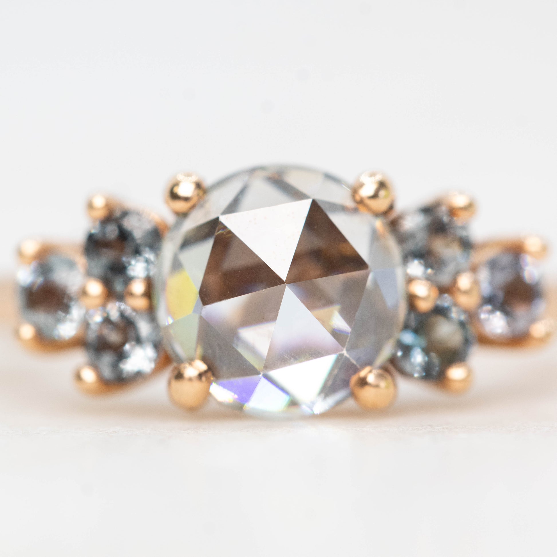 Veragene Ring with a 1.40 Carat Round Moissanite and Spinel Accents in 14k Rose Gold - Ready to Size and Ship - Midwinter Co. Alternative Bridal Rings and Modern Fine Jewelry