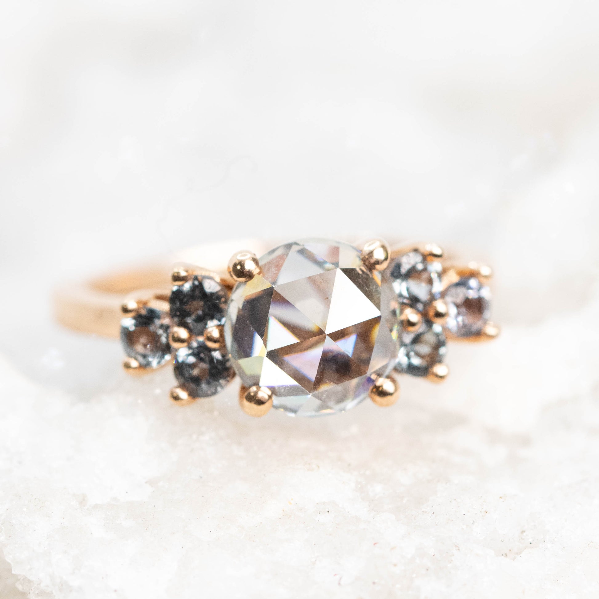 Veragene Ring with a 1.40 Carat Round Moissanite and Spinel Accents in 14k Rose Gold - Ready to Size and Ship - Midwinter Co. Alternative Bridal Rings and Modern Fine Jewelry