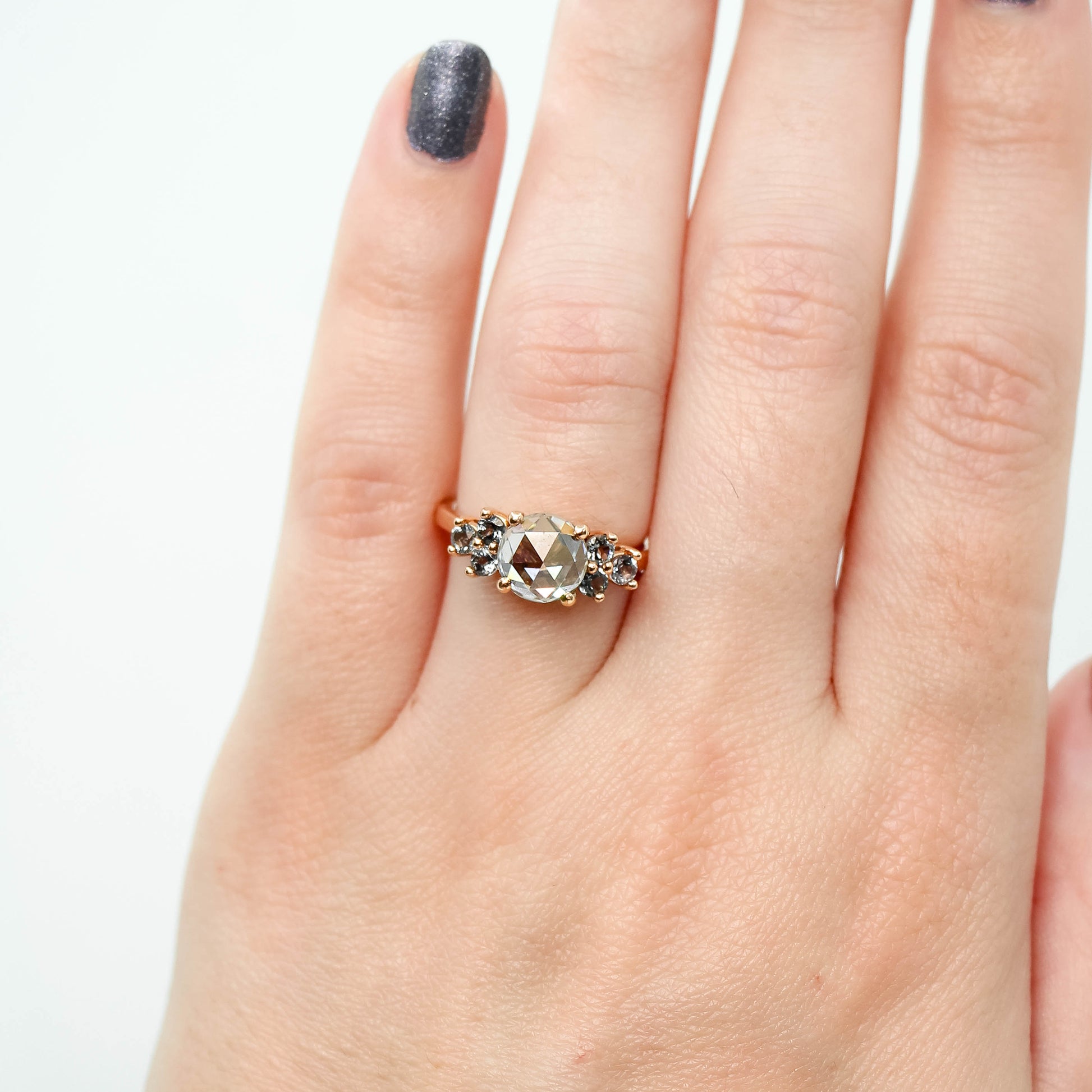 Veragene Ring with a 1.40 Carat Round Moissanite and Spinel Accents in 14k Rose Gold - Ready to Size and Ship - Midwinter Co. Alternative Bridal Rings and Modern Fine Jewelry