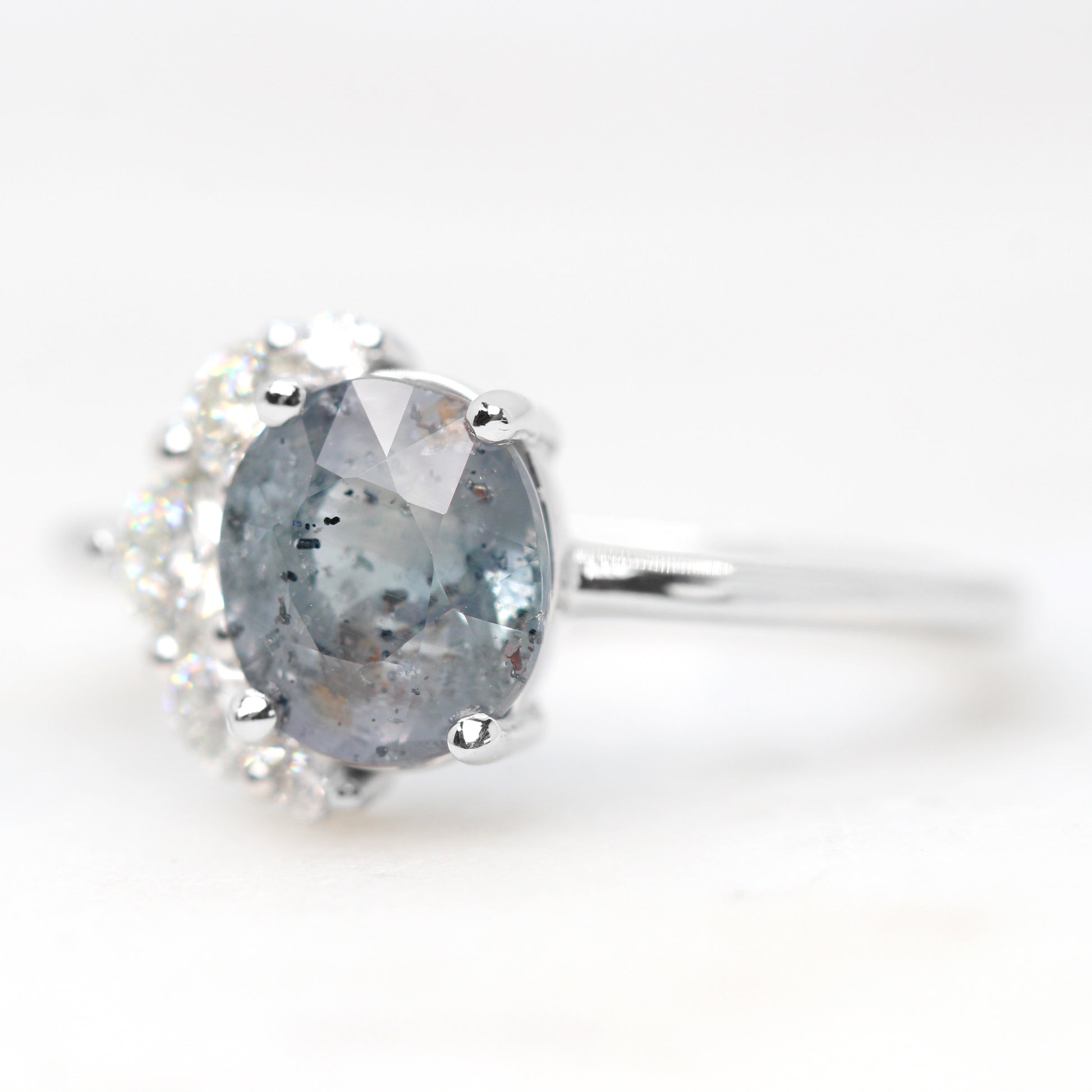 Carell Ring with a 2.11 Carat Light Blue Gray Oval Sapphire and White Accent Diamonds in 14k White Gold - Ready to Size and Ship - Midwinter Co. Alternative Bridal Rings and Modern Fine Jewelry