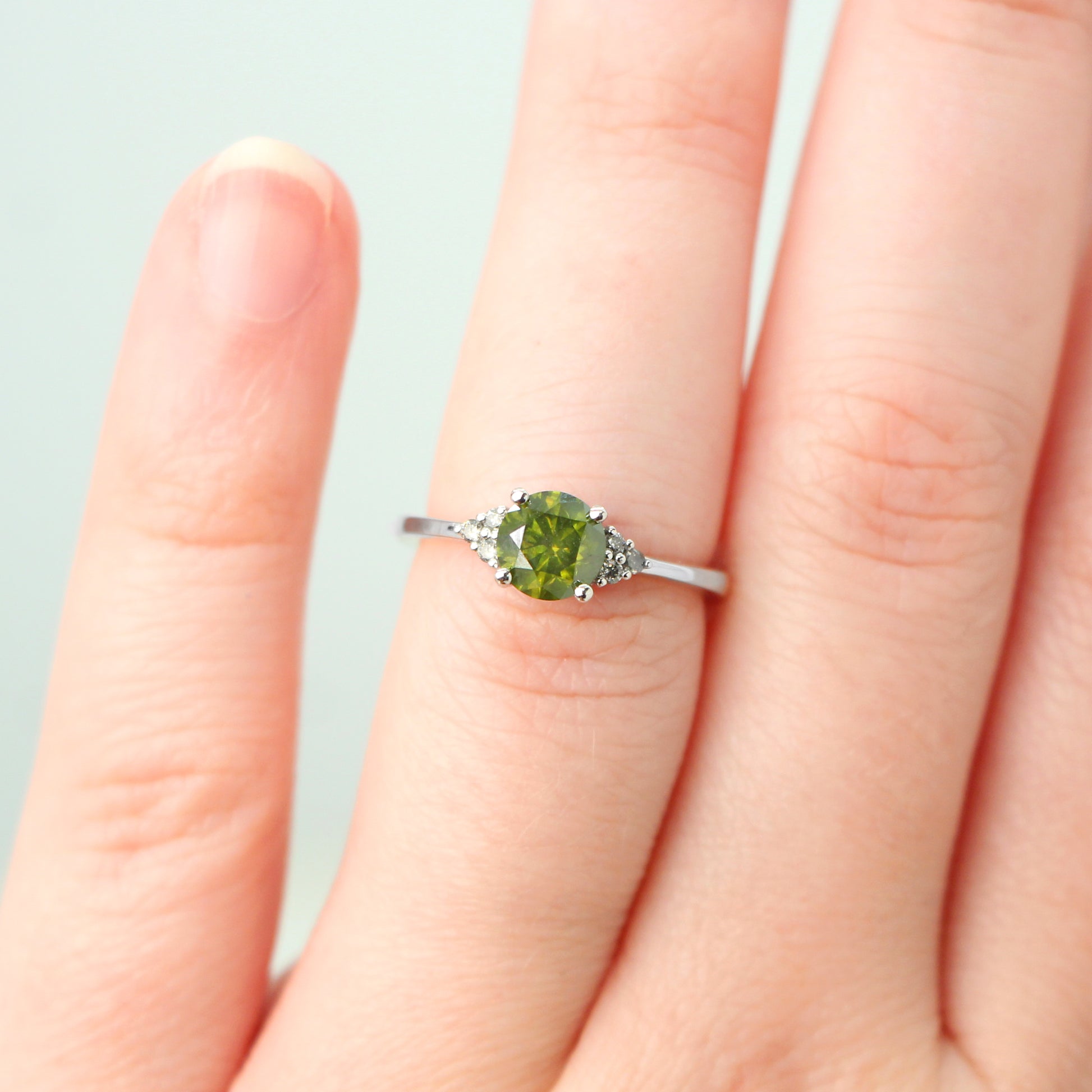 Imogene Ring with a 0.89 Carat Round Dark Green Diamond and Salt and Pepper Accent Diamonds in 14k White Gold - Ready to Size and Ship - Midwinter Co. Alternative Bridal Rings and Modern Fine Jewelry