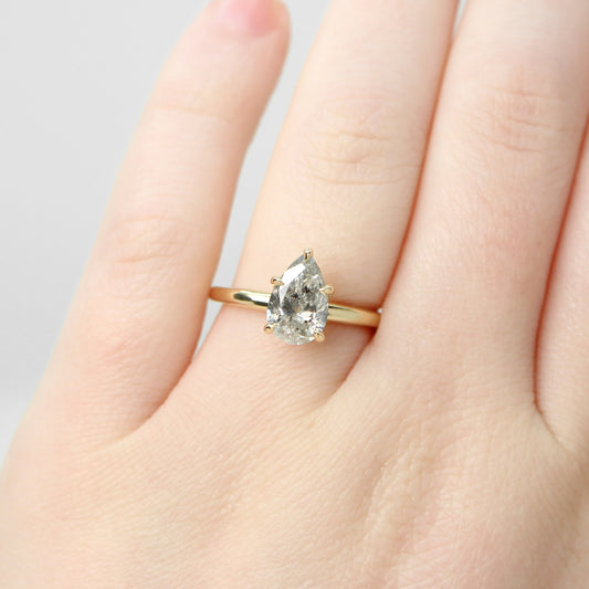 Charlotte Ring with a 1.65 Carat Pear Bright Gray Salt and Pepper Diamond in 14k Yellow Gold - Ready to Size and Ship - Midwinter Co. Alternative Bridal Rings and Modern Fine Jewelry