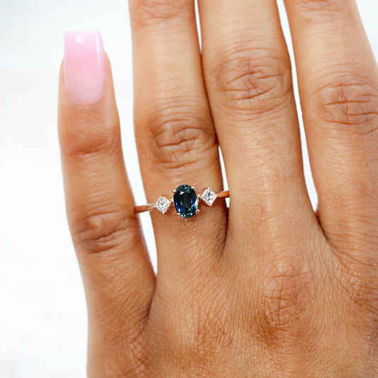 Angelique Ring with a 1.07 Carat Teal Oval Madagascar Sapphire and White Accent Diamonds in 14k Rose Gold - Ready to Size and Ship