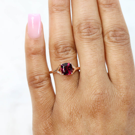 Kennedy Ring with a 2.23 Carat Geometric Fancy Cushion Cut Rhodolite Garnet and White Accent Diamonds in 14k Rose Gold - Ready to Size and Ship