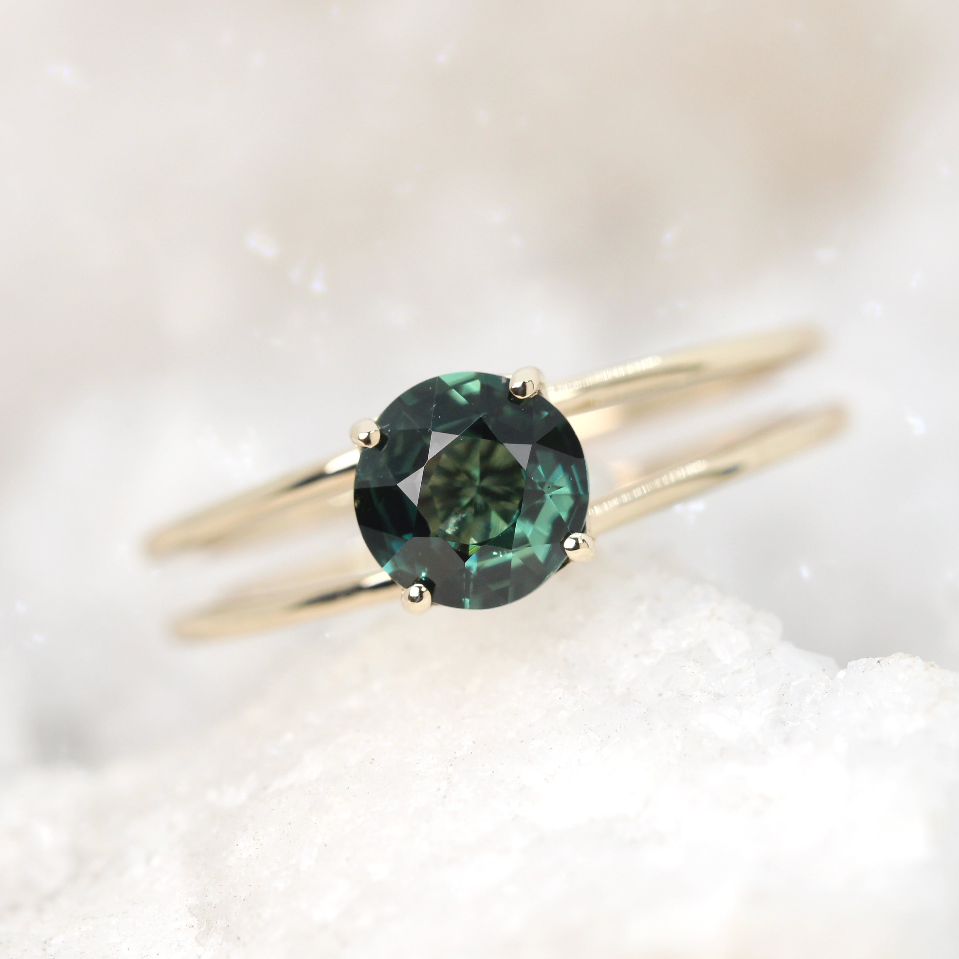 Apryl Ring with a 1.15 Carat Round Dark Teal Sapphire in 14k Yellow Gold - Ready to Size and Ship - Midwinter Co. Alternative Bridal Rings and Modern Fine Jewelry