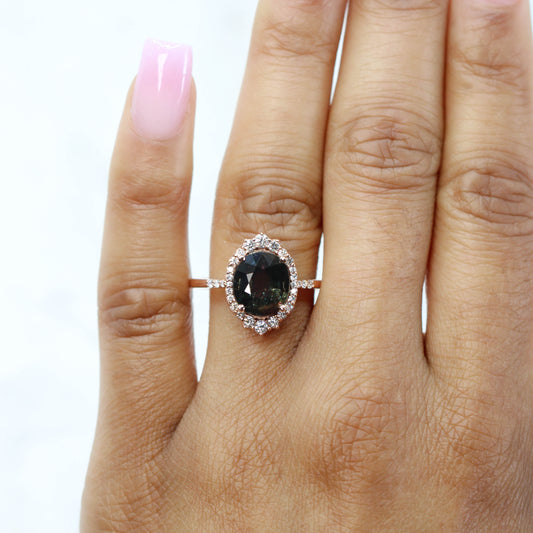 Grace Ring with a 4.02 Carat Oval Dark Brown and Green Sapphire and White Accent Diamonds in 14k Rose Gold - Ready to Size and Ship