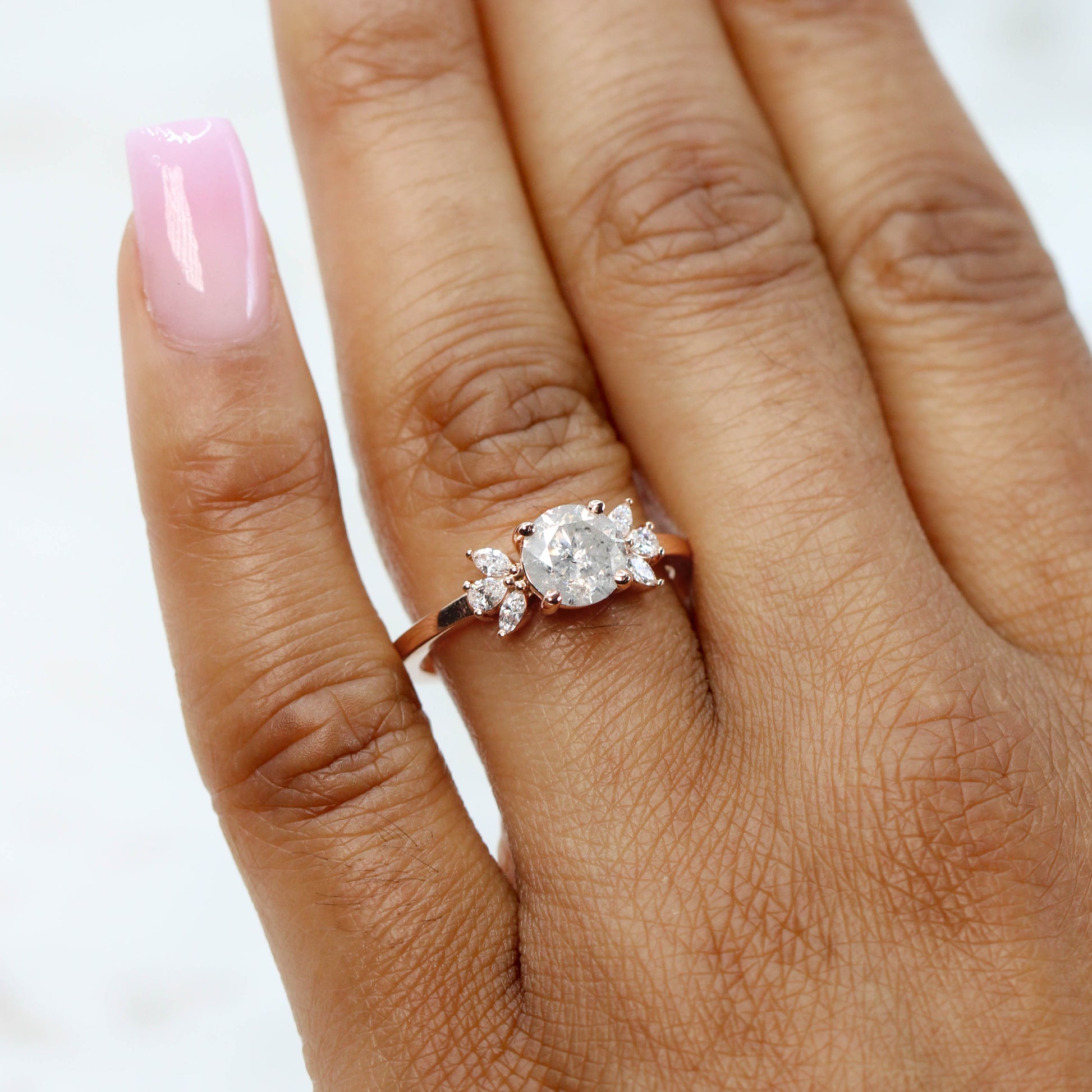 Kendra Ring with a 1.17 Carat Round Bright Gray Salt and Pepper Diamond with White Diamond Accents in 14k Rose Gold - Ready to Size and Ship - Midwinter Co. Alternative Bridal Rings and Modern Fine Jewelry