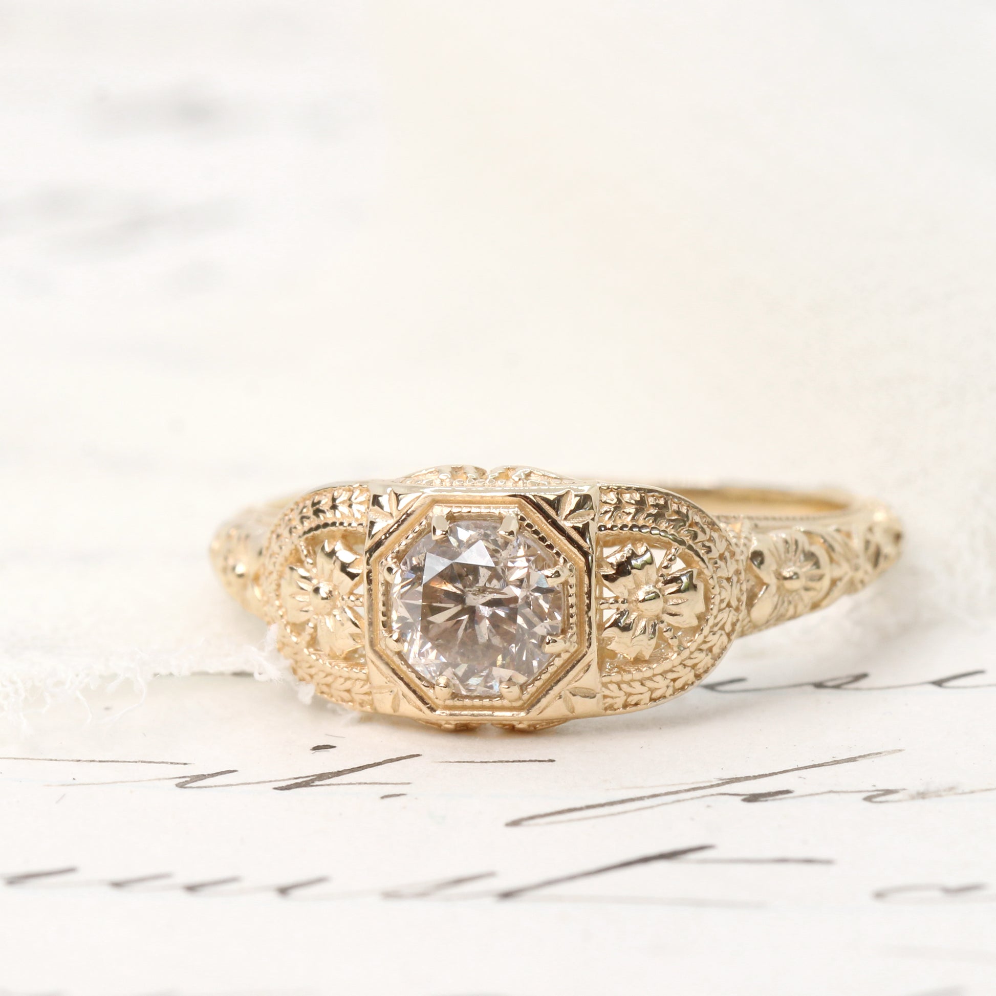 Delphine Ring with a 0.54 Carat Round Gray Celestial Diamond in 14k Yellow Gold - Ready to Size and Ship - Midwinter Co. Alternative Bridal Rings and Modern Fine Jewelry