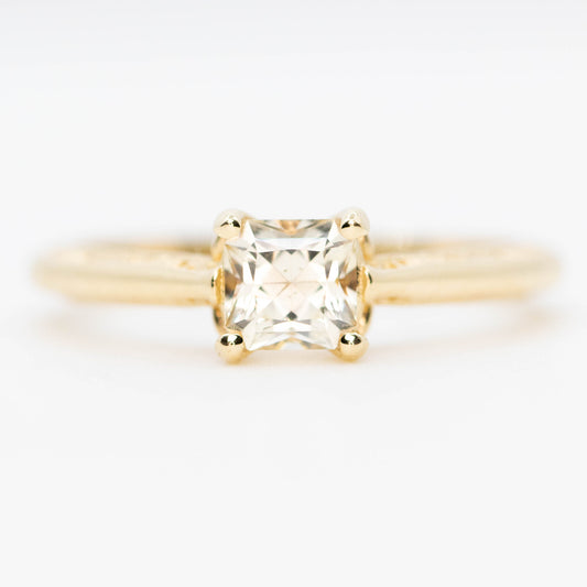 Vivienne Ring with a 0.77 Carat Radiant Cut Clear Champagne Sapphire in 14k Yellow Gold - Ready to Size and Ship