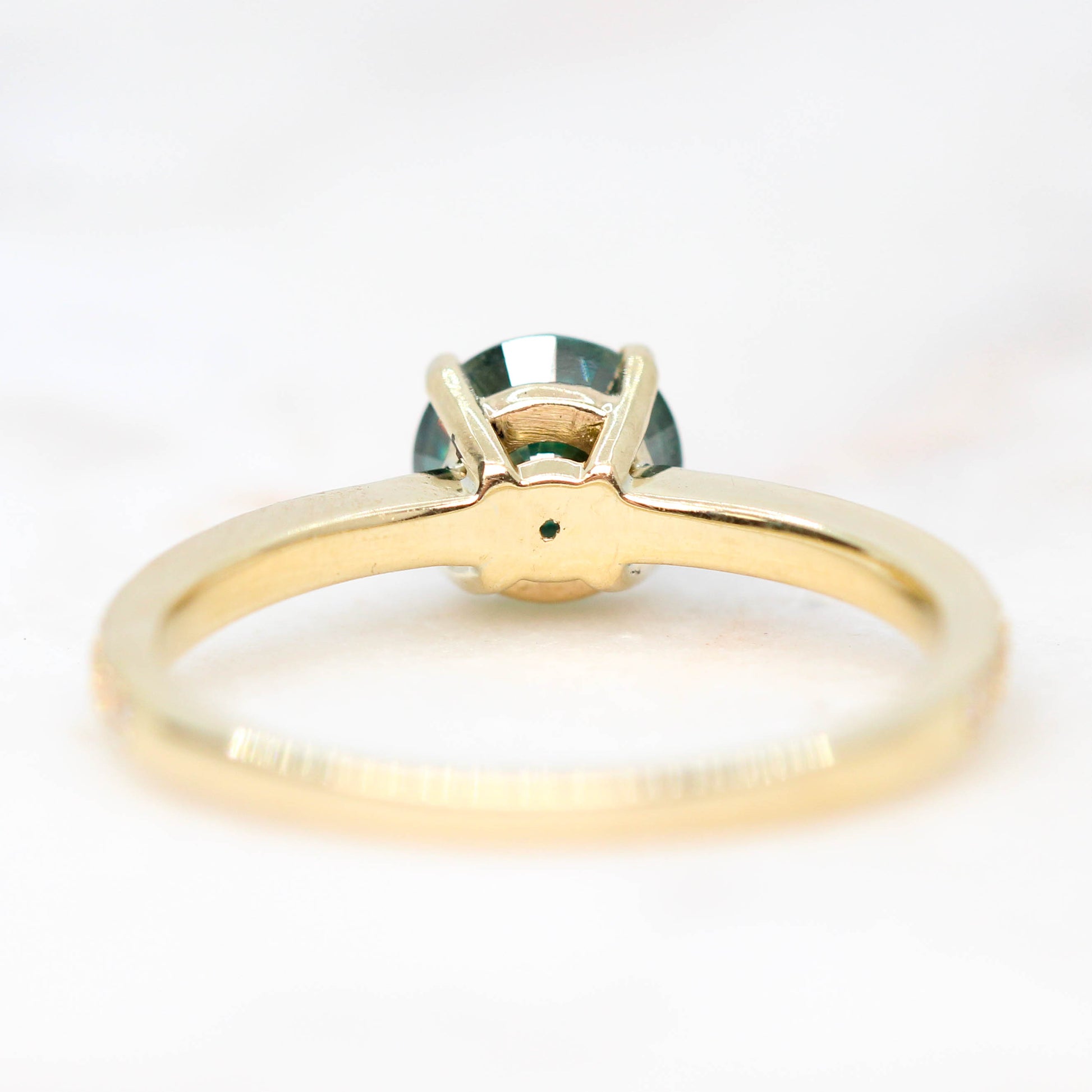 Imani Ring with a 0.80 Carat Round Black and Teal Moissanite and White Accent Diamonds in 14k Yellow Gold - Ready to Size and Ship - Midwinter Co. Alternative Bridal Rings and Modern Fine Jewelry