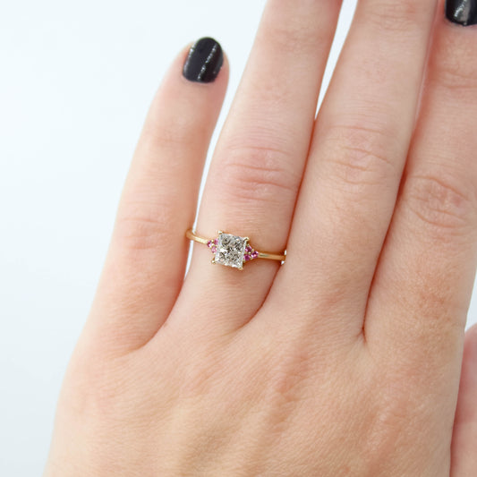Imogene Ring with a 1.25 Carat Princess Cut Salt and Pepper Diamond and Pink Accent Sapphires in 14k Yellow Gold - Ready to Size and Ship