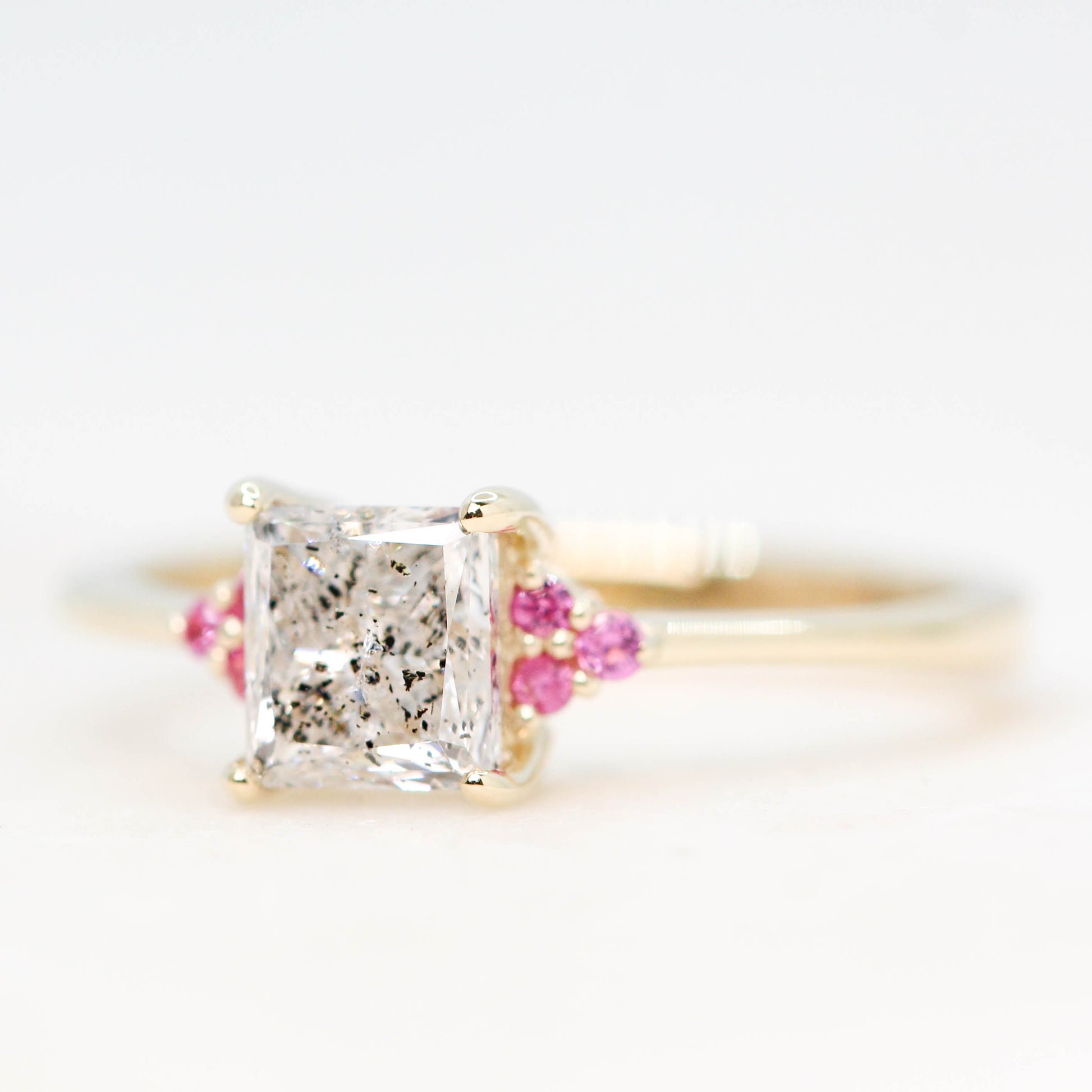 Imogene Ring with a 1.25 Carat Clear Celestial Princess Cut Diamond and Pink Accent Sapphires in 14k Yellow Gold - Ready to Size and Ship - Midwinter Co. Alternative Bridal Rings and Modern Fine Jewelry