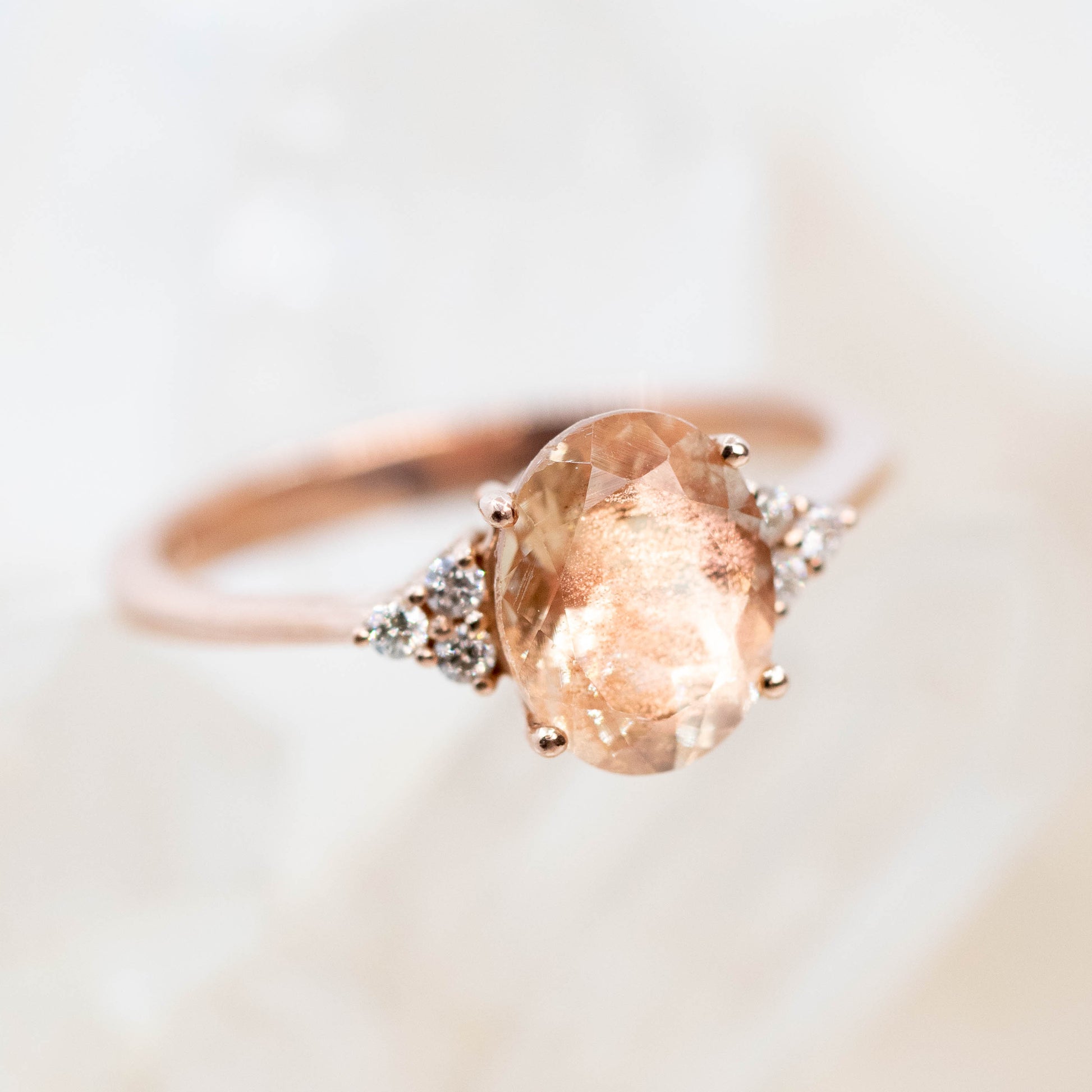Imogene Ring with a 1.99 Carat Oval Sunstone and White Accent Diamonds in 14k Rose Gold - Ready to Size and Ship - Midwinter Co. Alternative Bridal Rings and Modern Fine Jewelry