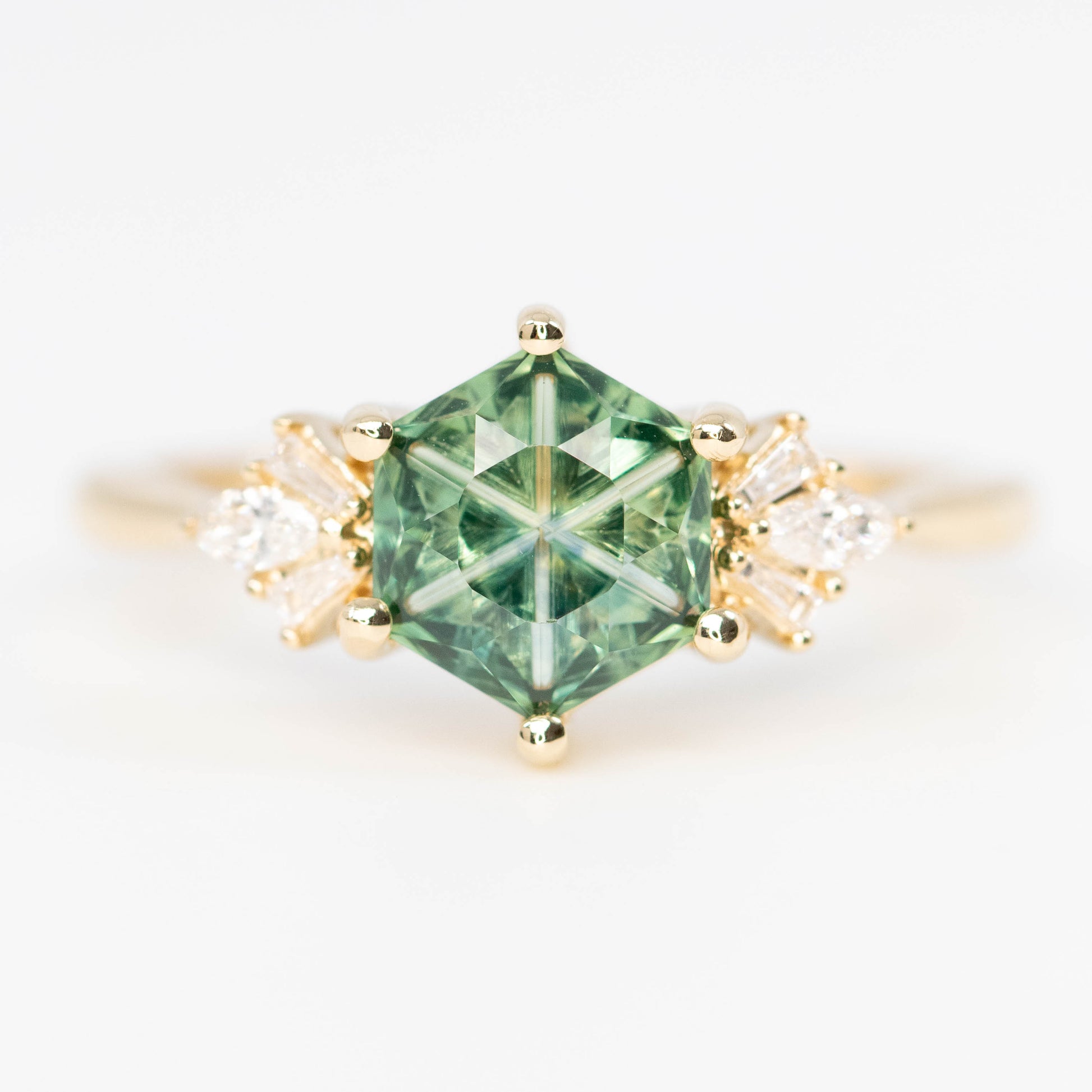 Ines Ring with a 1.36 Carat Fantasy Cut Teal Green Montana Sapphire and White Accent Diamonds in 14k Yellow Gold - Ready to Size and Ship - Midwinter Co. Alternative Bridal Rings and Modern Fine Jewelry