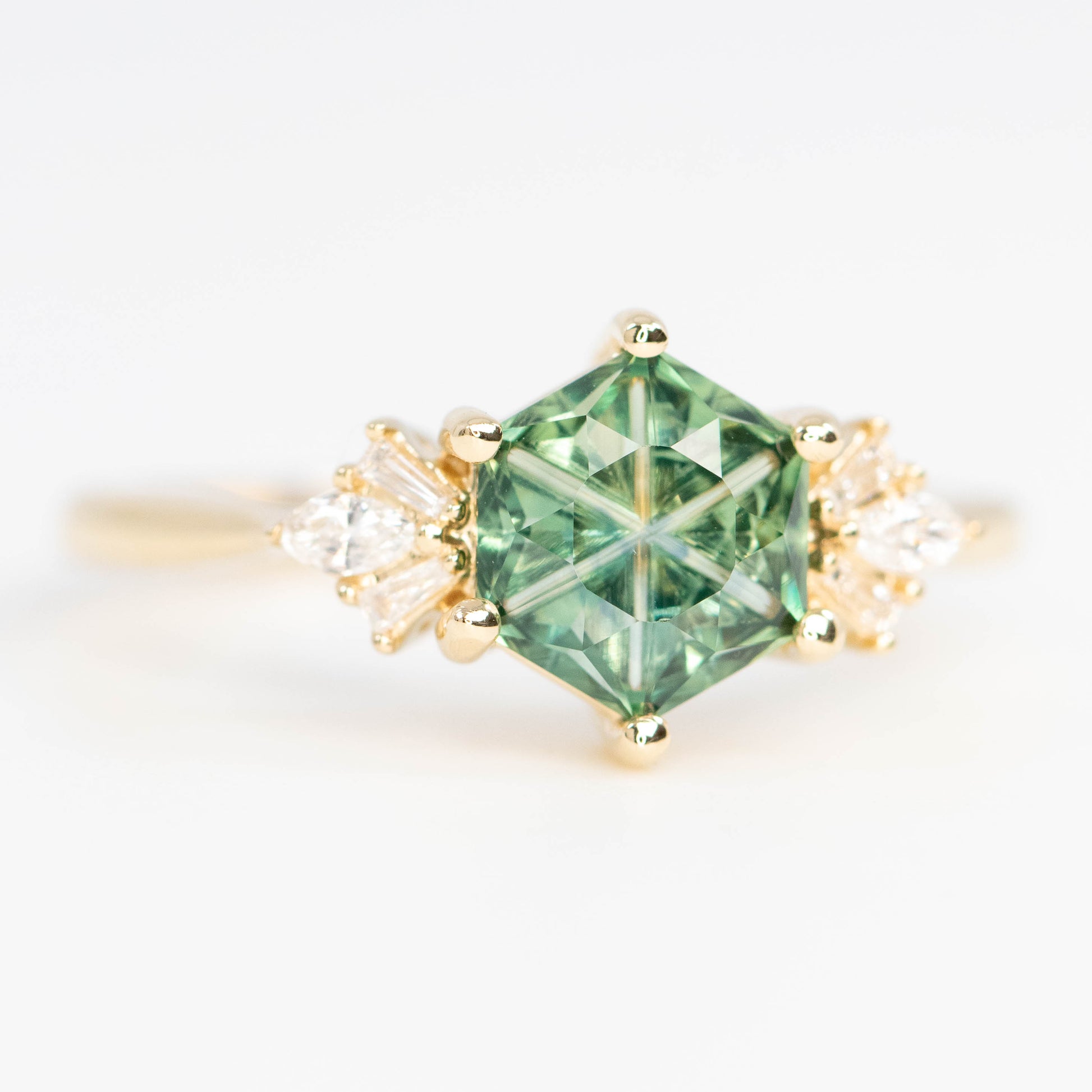 Ines Ring with a 1.36 Carat Fantasy Cut Teal Green Montana Sapphire and White Accent Diamonds in 14k Yellow Gold - Ready to Size and Ship - Midwinter Co. Alternative Bridal Rings and Modern Fine Jewelry