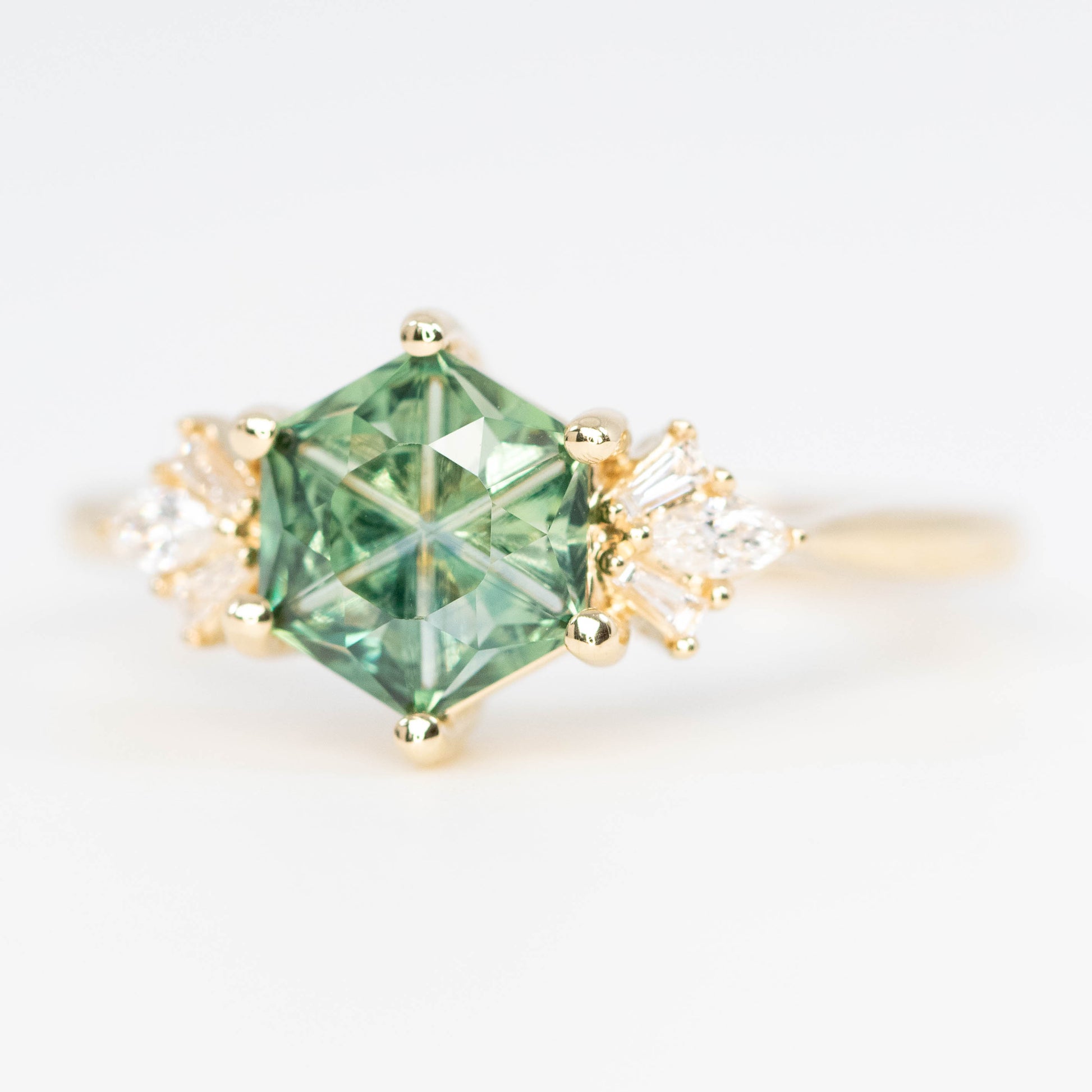 Ines Ring with a 1.36 Carat Fantasy Cut Teal Green Montana Sapphire and White Accent Diamonds in 14k Yellow Gold - Ready to Size and Ship - Midwinter Co. Alternative Bridal Rings and Modern Fine Jewelry