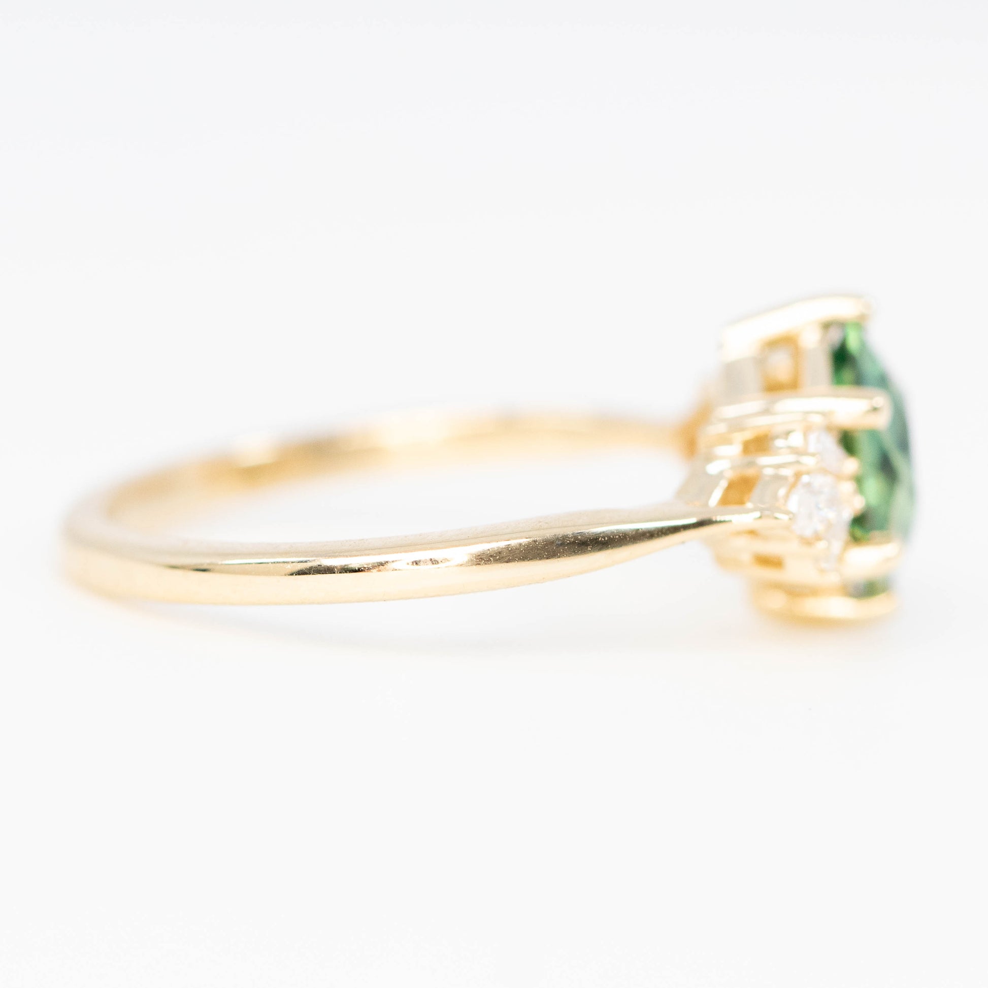 Ines Ring with a 1.36 Carat Fantasy Cut Teal Green Montana Sapphire and White Accent Diamonds in 14k Yellow Gold - Ready to Size and Ship - Midwinter Co. Alternative Bridal Rings and Modern Fine Jewelry