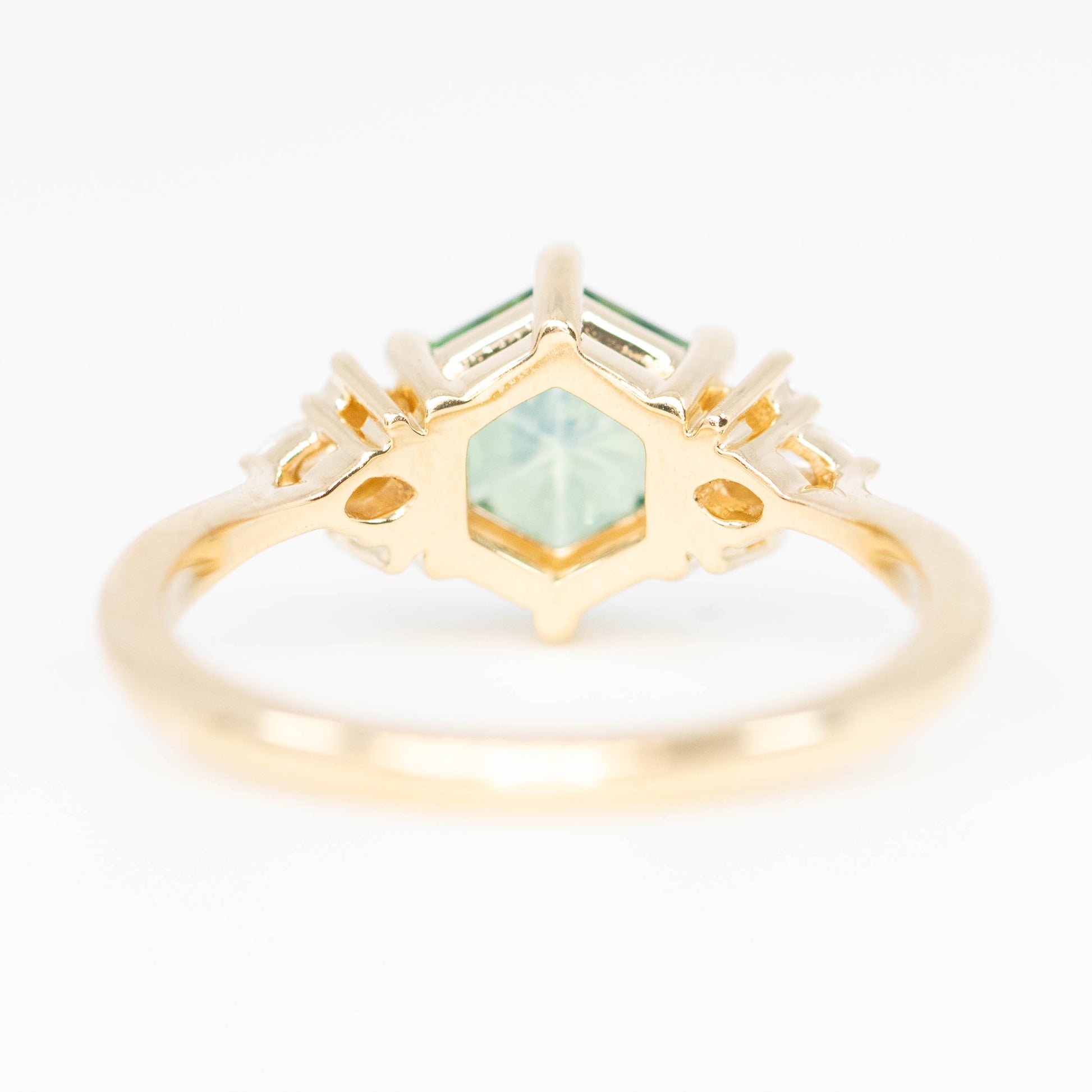Ines Ring with a 1.36 Carat Fantasy Cut Teal Green Montana Sapphire and White Accent Diamonds in 14k Yellow Gold - Ready to Size and Ship - Midwinter Co. Alternative Bridal Rings and Modern Fine Jewelry