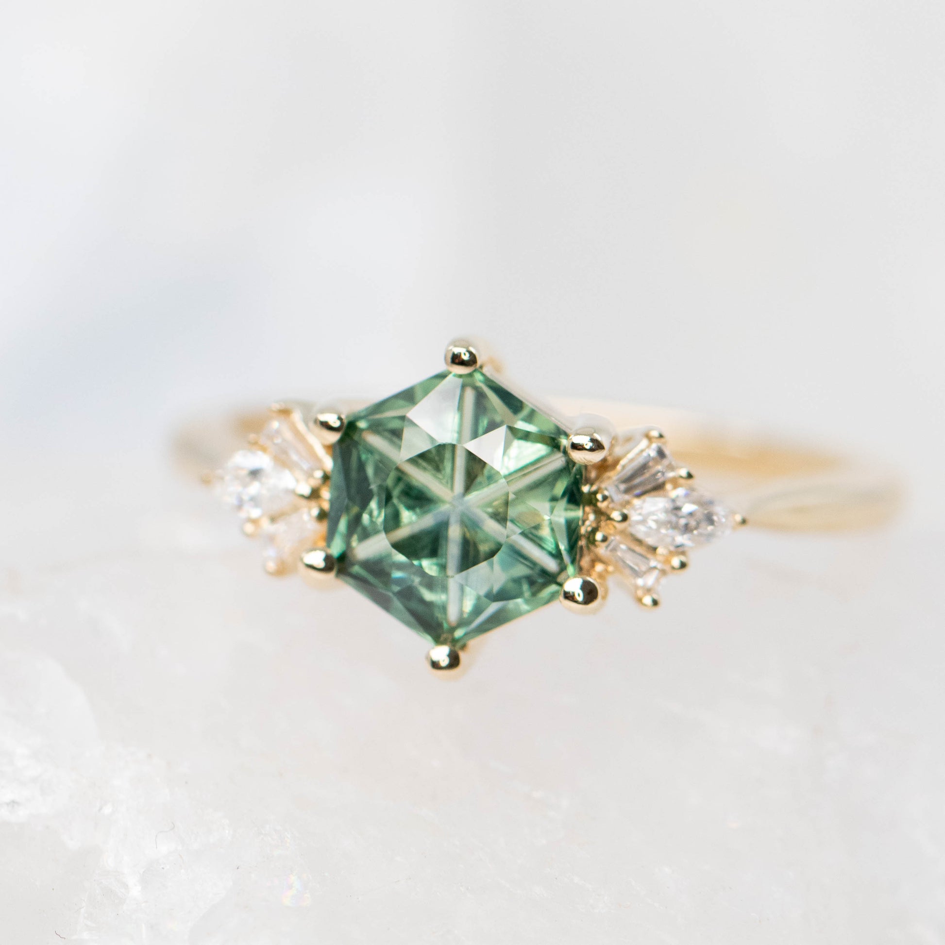 Ines Ring with a 1.36 Carat Fantasy Cut Teal Green Montana Sapphire and White Accent Diamonds in 14k Yellow Gold - Ready to Size and Ship - Midwinter Co. Alternative Bridal Rings and Modern Fine Jewelry