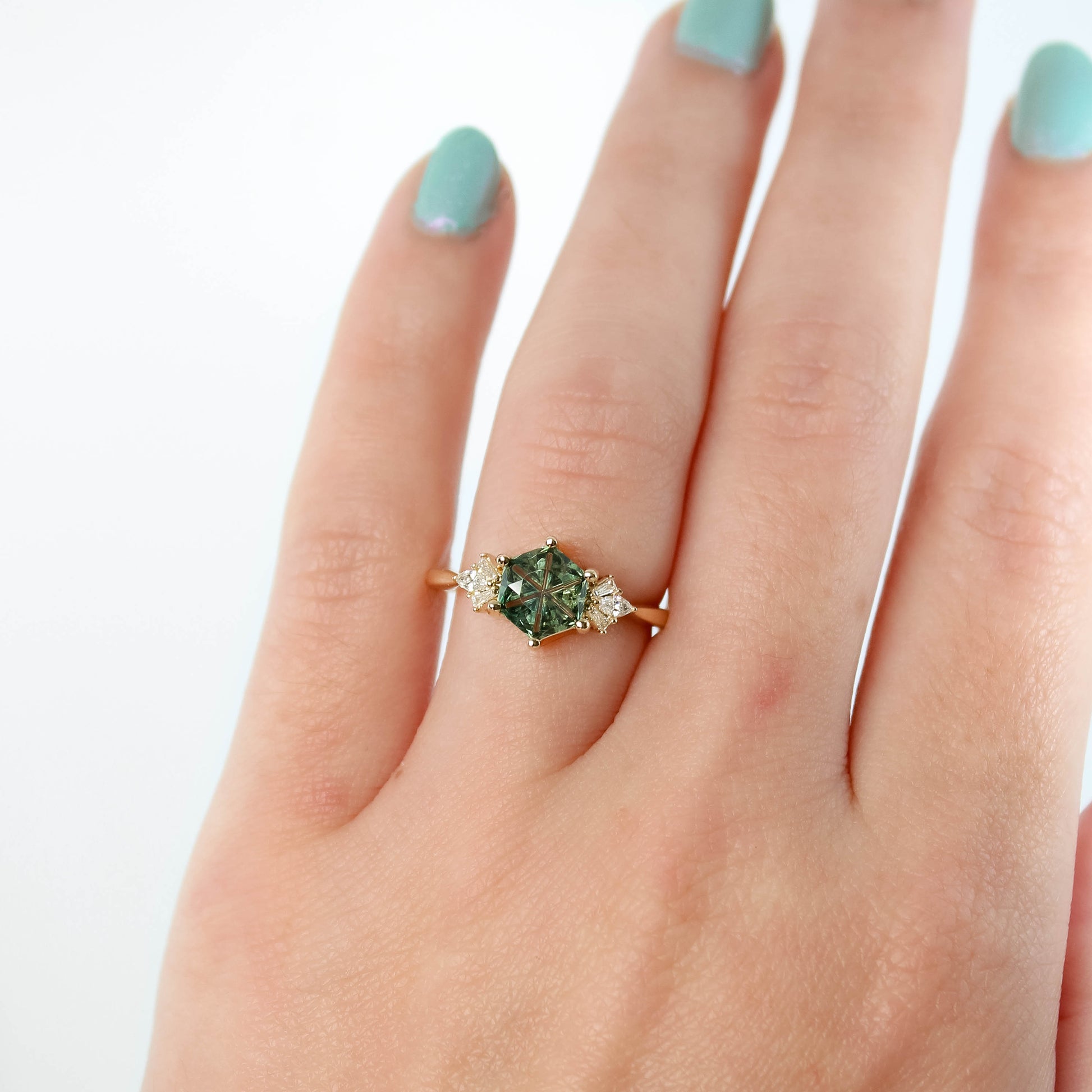 Ines Ring with a 1.36 Carat Fantasy Cut Teal Green Montana Sapphire and White Accent Diamonds in 14k Yellow Gold - Ready to Size and Ship - Midwinter Co. Alternative Bridal Rings and Modern Fine Jewelry
