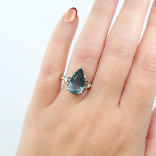Iris Ring with a 6.49 Carat Pear Blue Sapphire and White Accent Diamonds in 14k White Gold - Ready to Size and Ship - Midwinter Co. Alternative Bridal Rings and Modern Fine Jewelry