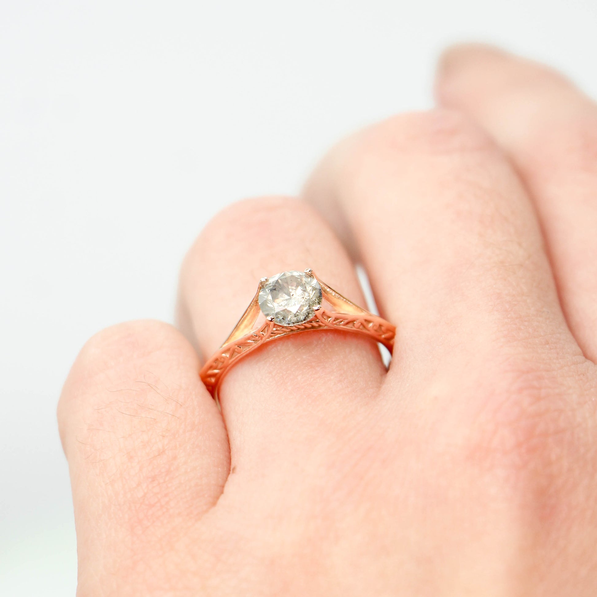 Ivy Ring with a 0.98 Carat Round Light Gray Celestial Diamond in 14k Rose Gold - Ready to Size and Ship - Midwinter Co. Alternative Bridal Rings and Modern Fine Jewelry