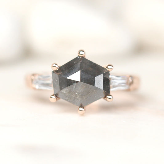 Project: Custom 2 Carat Gray Salt and Pepper Hexagon Diamond and White Accent Diamond Baguettes in 14k - Midwinter Co. Alternative Bridal Rings and Modern Fine Jewelry